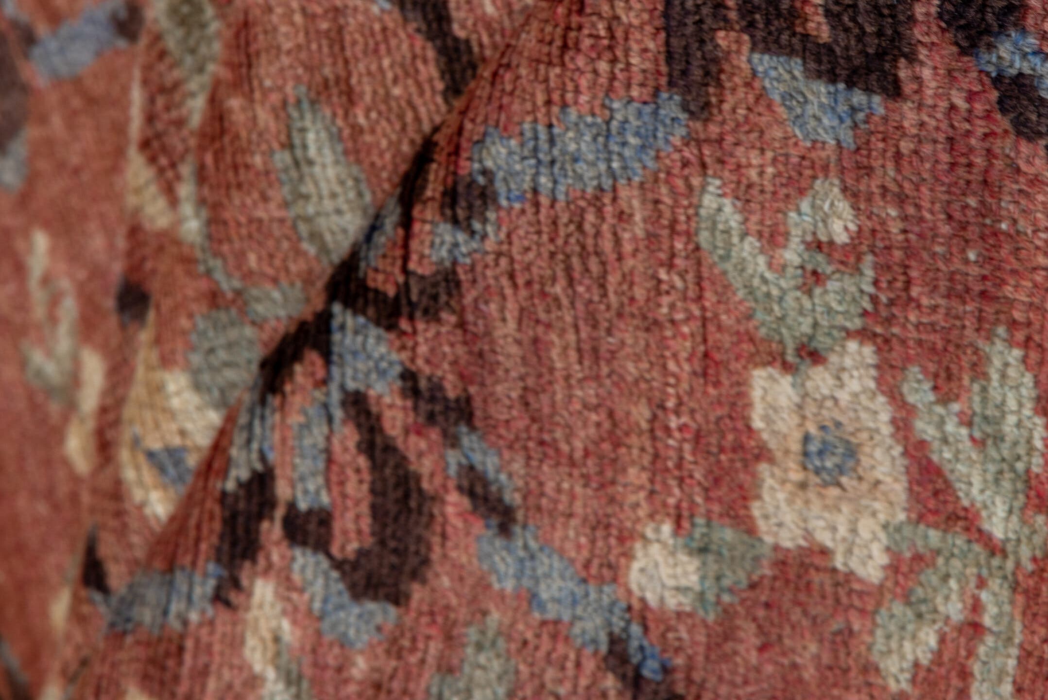 5' x 11' one-of-a-kind handmade vintage Oushak rug. Color palette: terra cotta, rose, ivory, slate, charcoal, sage, rust