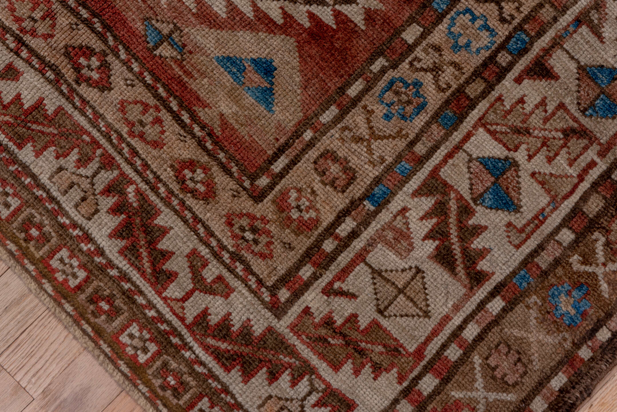 4' x 9' one-of-a-kind handmade vintage Kurd runner rug. Color palette: arapawa, blue, brown, gray, light gray, pink