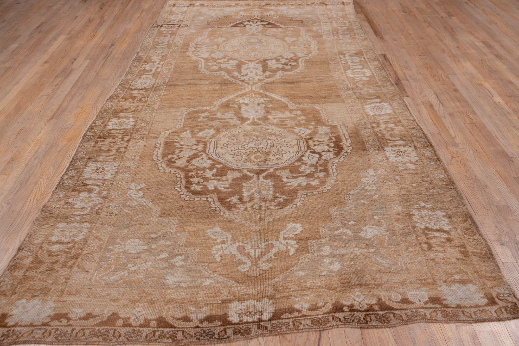6' x 12' one-of-a-kind handmade vintage Oushak large size rug. Color palette: camel, ivory, taupe, beige, sand, light brown