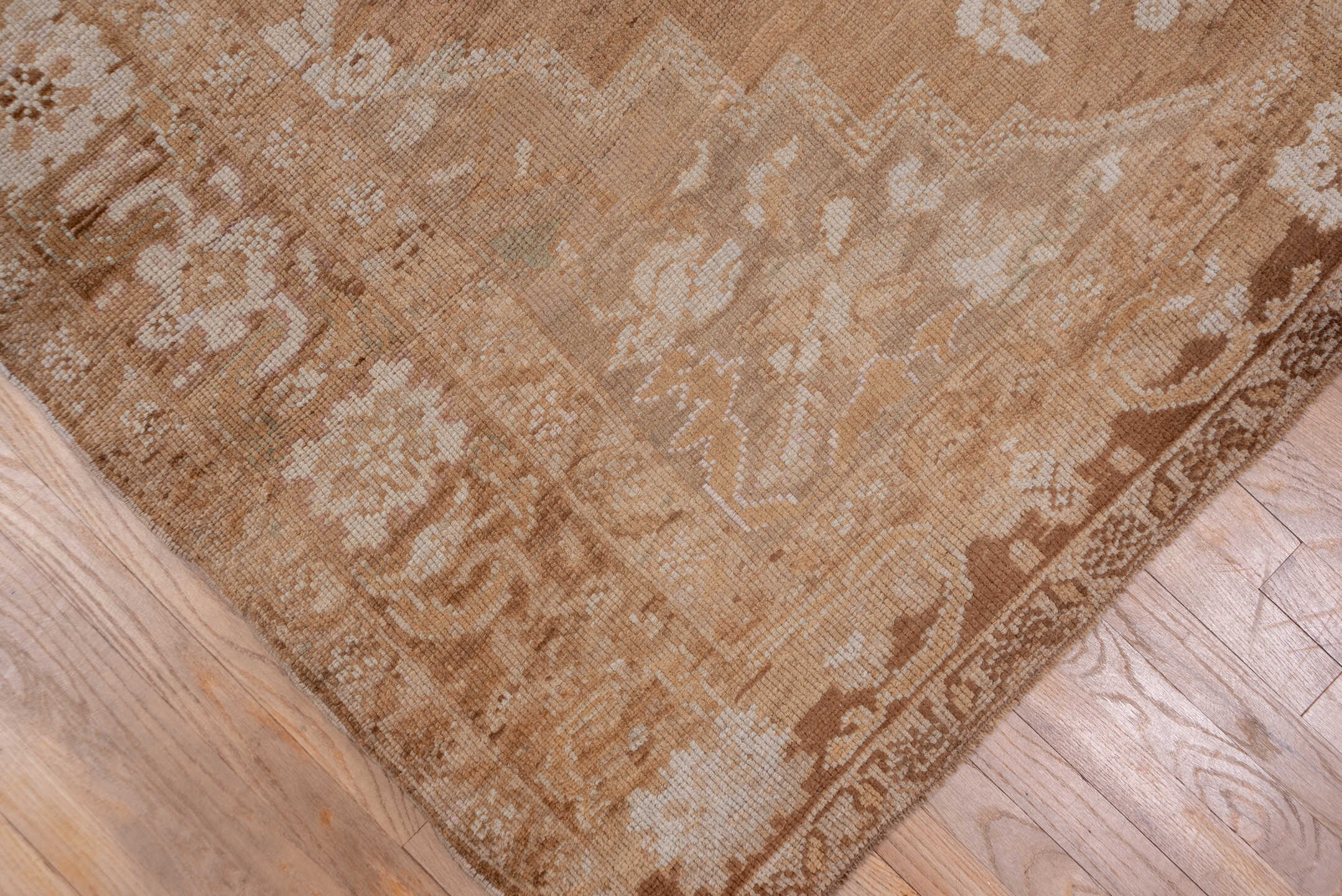 6' x 12' one-of-a-kind handmade vintage Oushak large size rug. Color palette: brown, gray, off-white, pink, snow, white