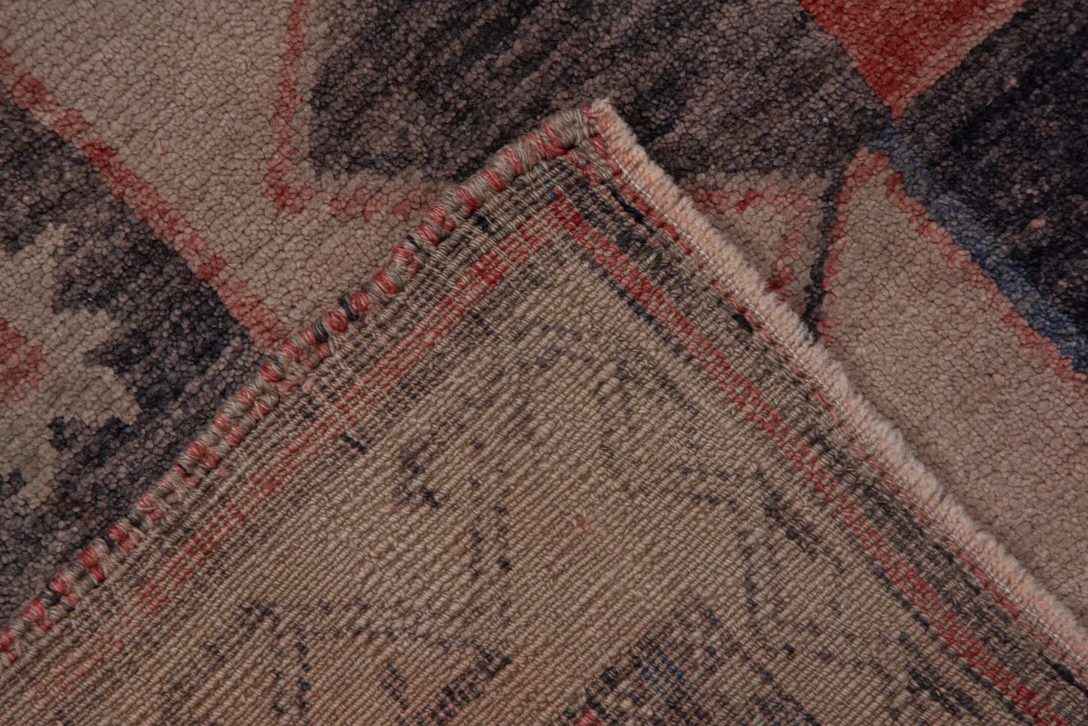 4' x 9' one-of-a-kind handmade vintage Oushak runner rug. Color palette: ivory, slate, rust, rose, charcoal, blue, gray