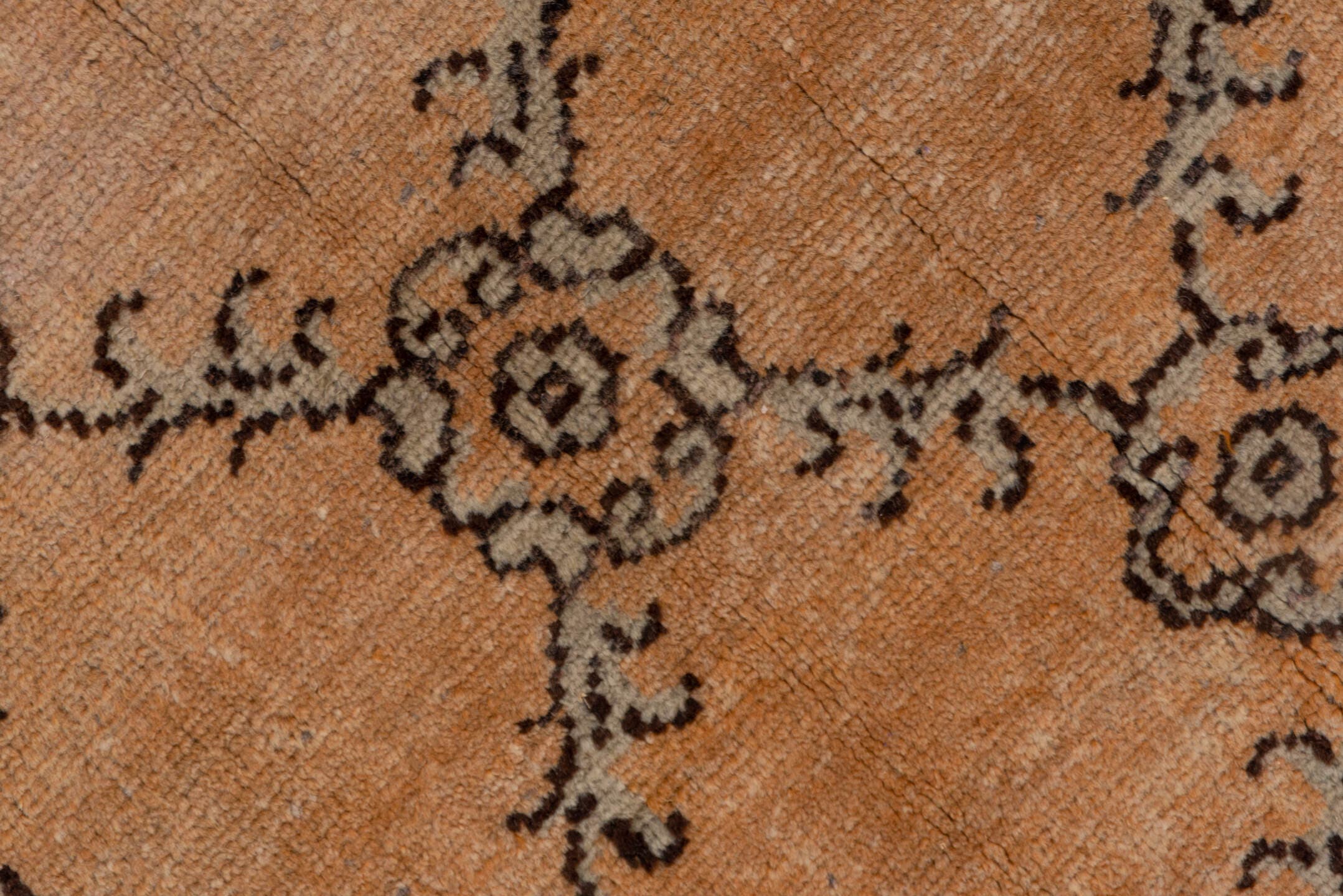 5' x 11' one-of-a-kind handmade vintage Konya runner rug. Color palette: camel, taupe, charcoal, rust, beige, gray, black