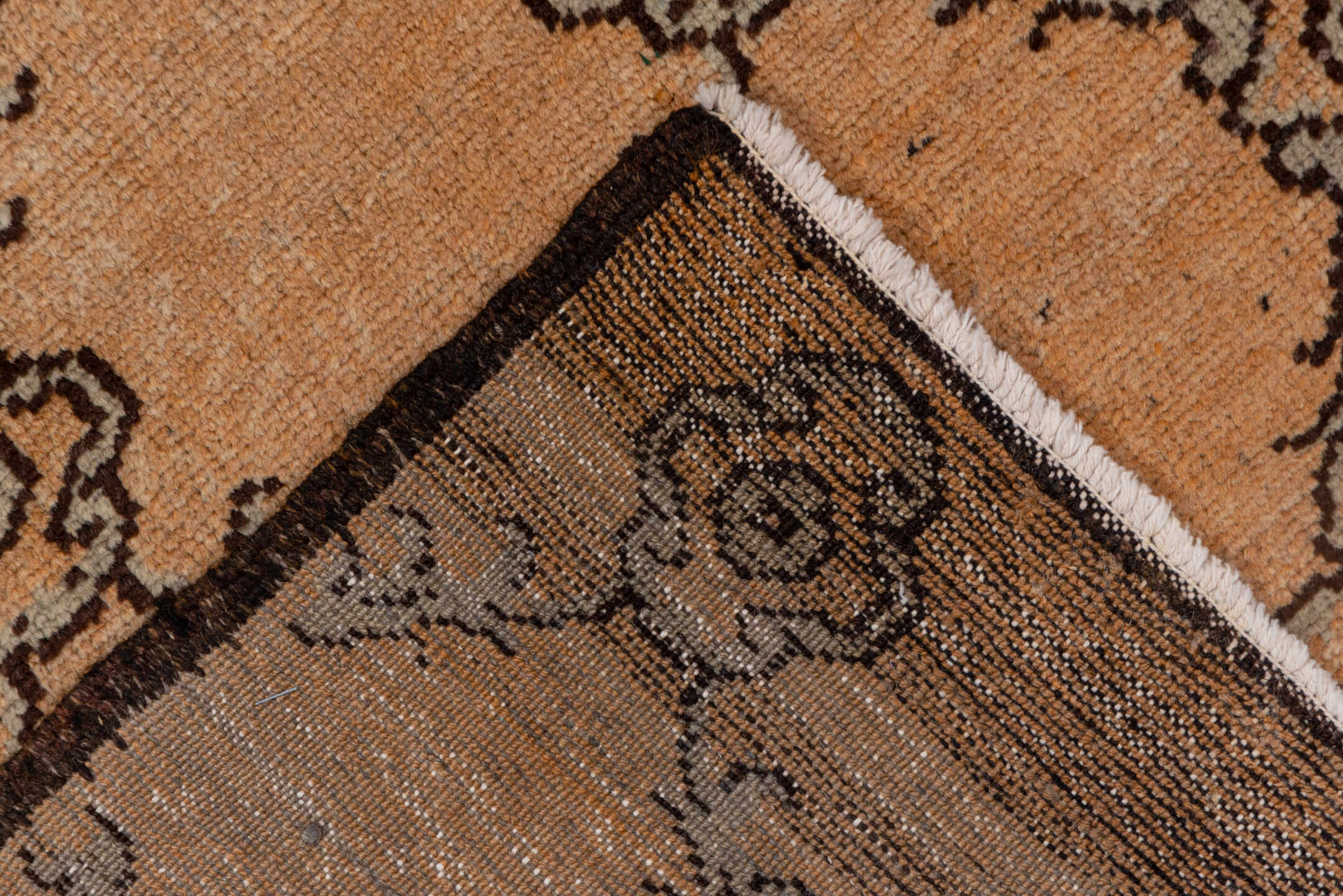 5' x 11' one-of-a-kind handmade vintage Konya runner rug. Color palette: camel, taupe, charcoal, rust, beige, gray, black