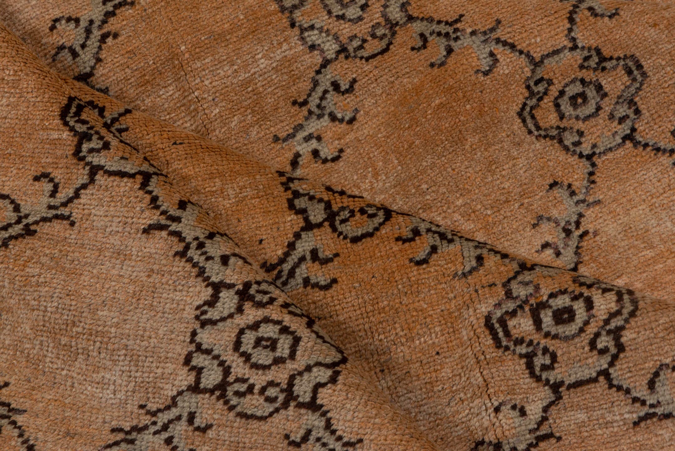 5' x 11' one-of-a-kind handmade vintage Konya runner rug. Color palette: camel, taupe, charcoal, rust, beige, gray, black