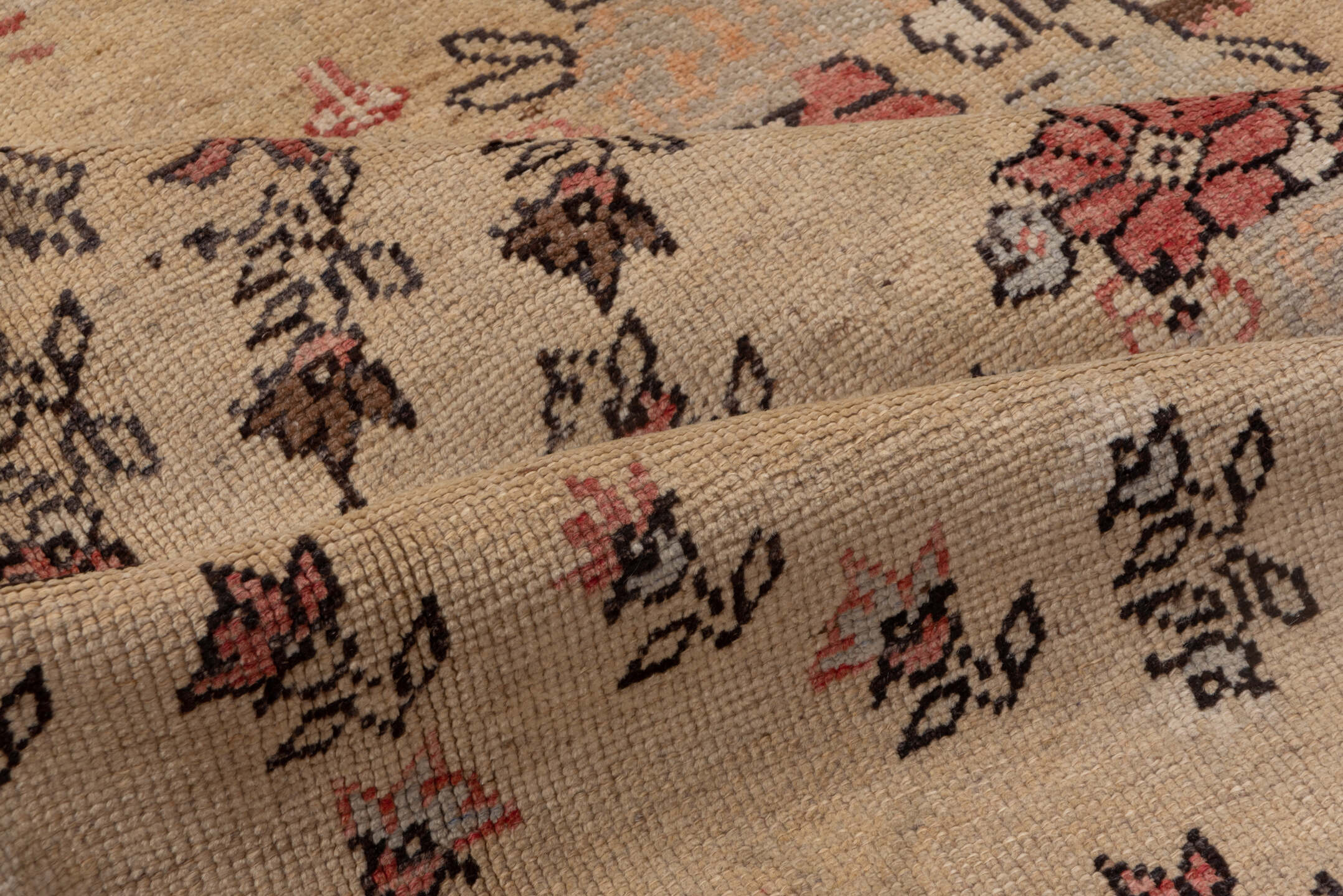 5' x 11' one-of-a-kind handmade vintage Konya runner rug. Color palette: camel, rust, ivory, charcoal, rose, taupe, beige