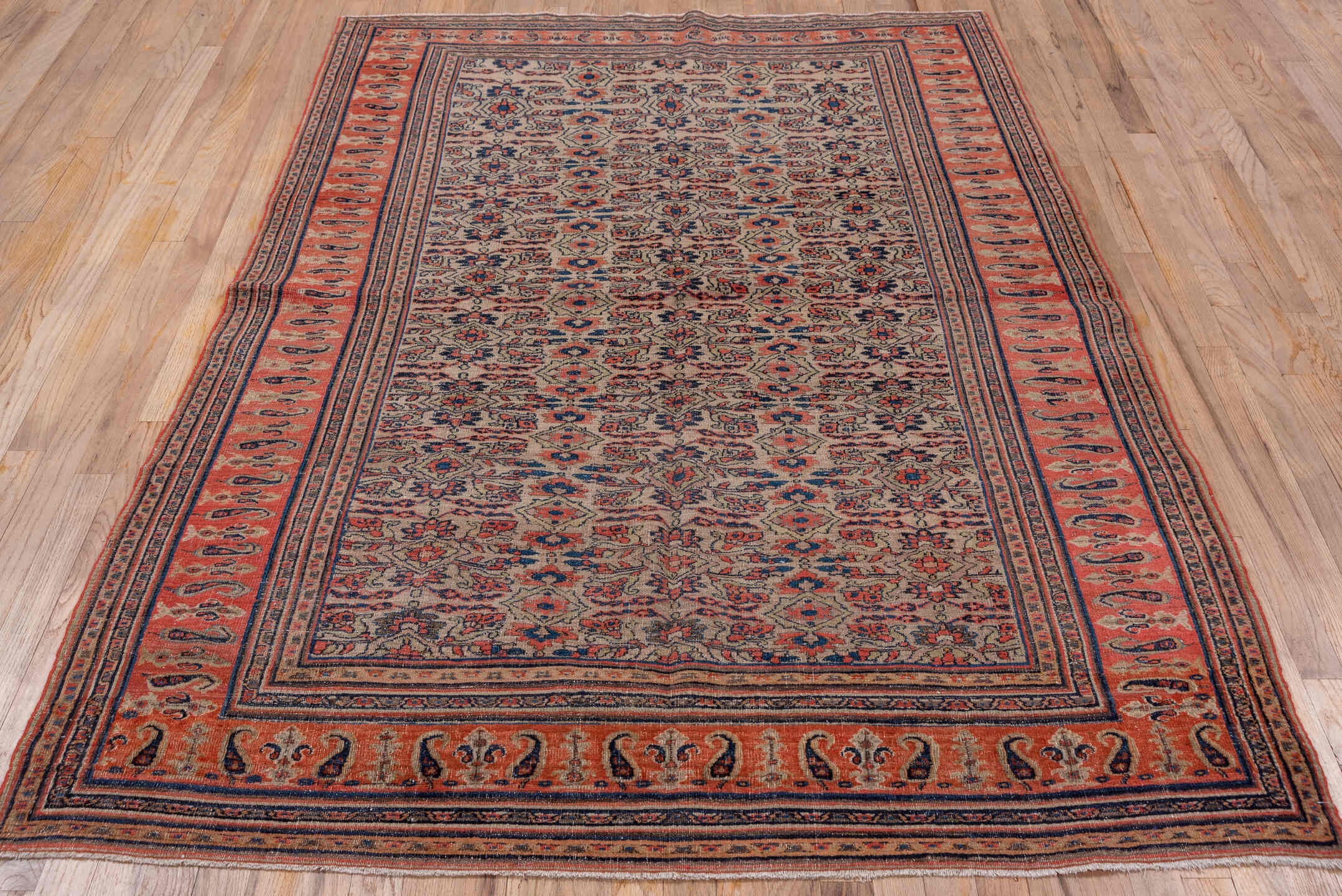 5' x 7' one-of-a-kind handmade vintage Khorassan rug. Color palette: ivory, rust, navy, slate, camel, rose, terracotta
