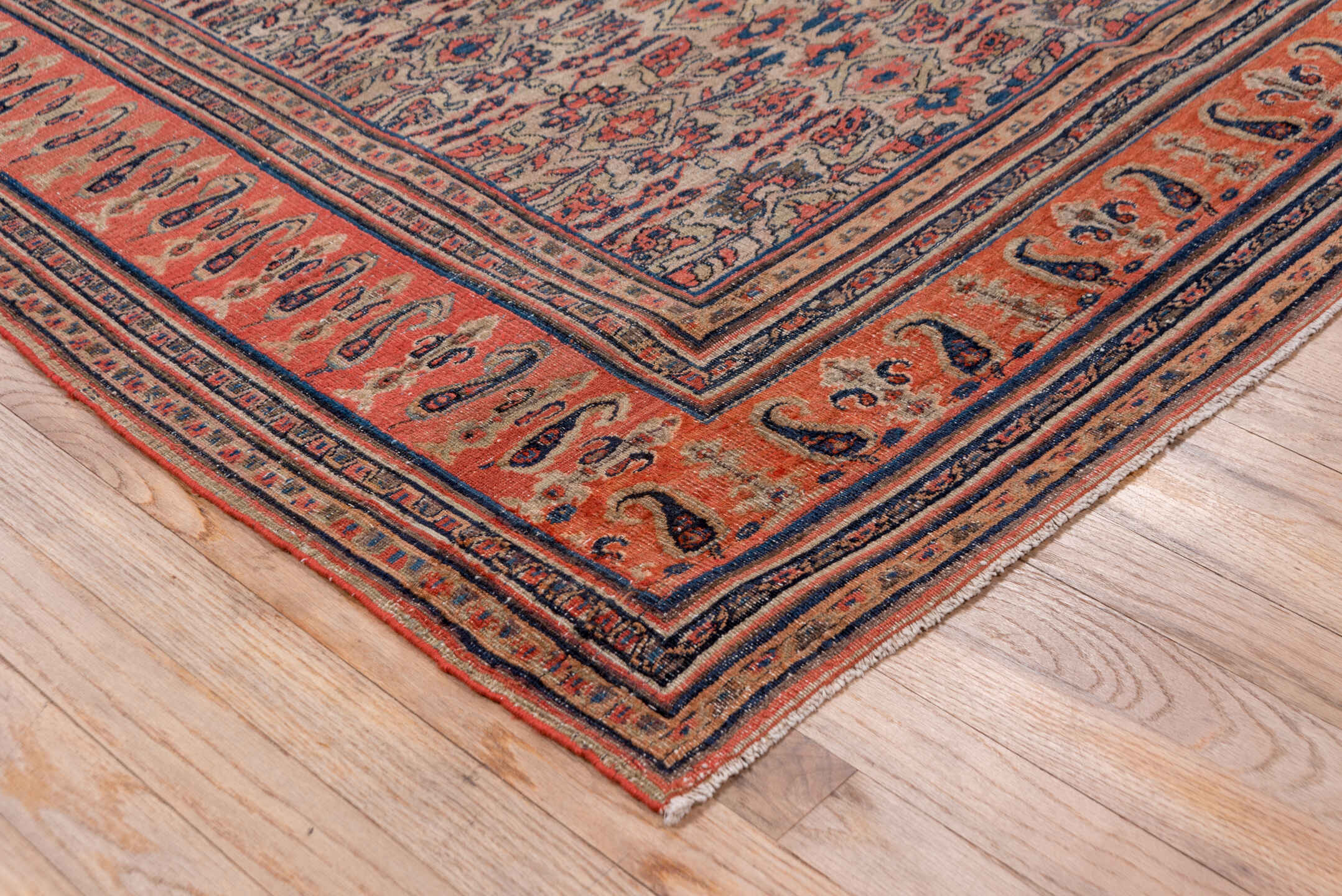 5' x 7' one-of-a-kind handmade vintage Khorassan rug. Color palette: ivory, rust, navy, slate, camel, rose, terracotta
