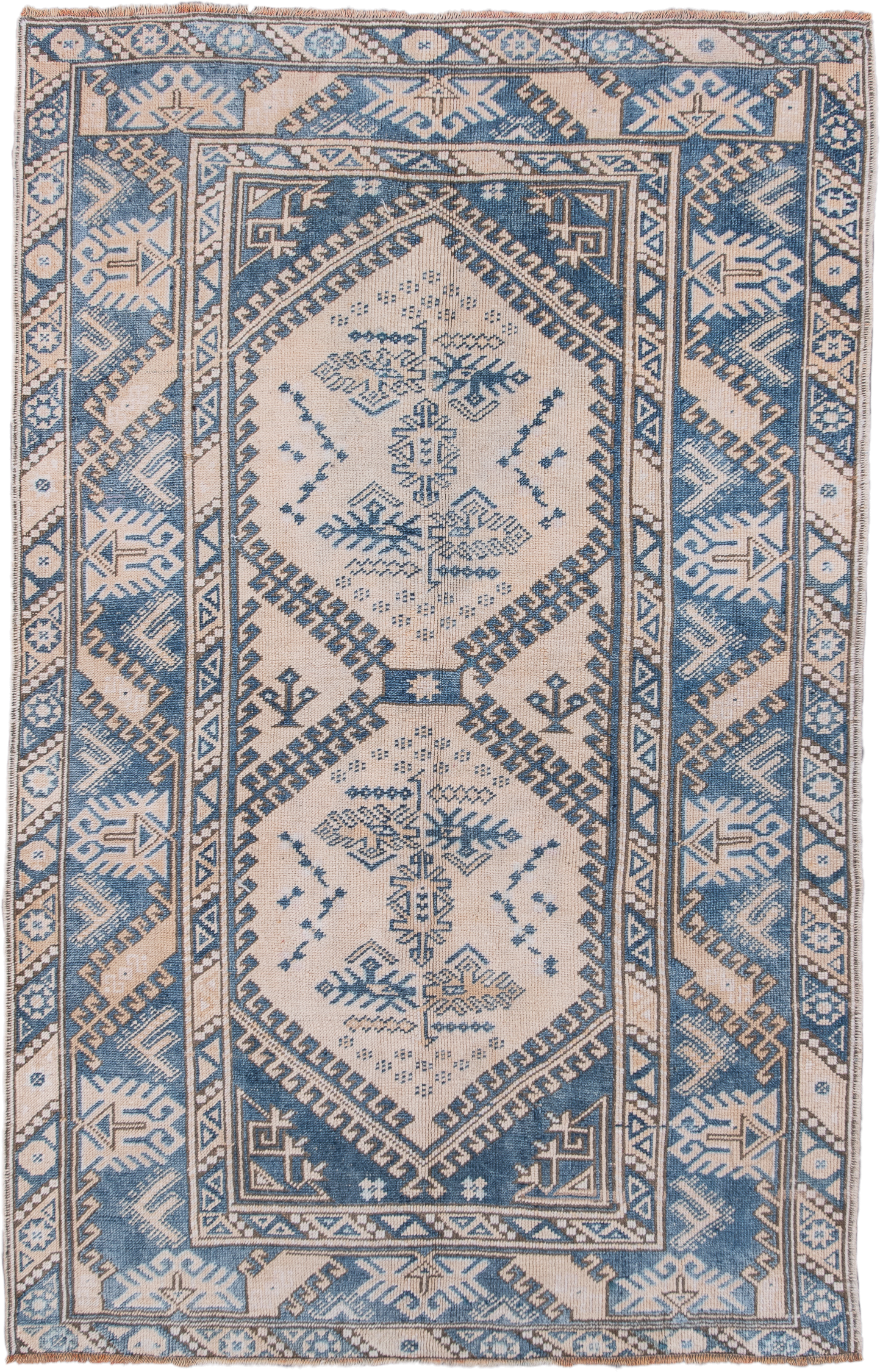 4' x 6' one-of-a-kind handmade vintage Oushak small size rug. Color palette: ivory, sky blue, slate, taupe, camel