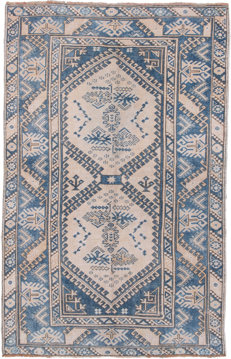4' x 6' one-of-a-kind handmade vintage Oushak small size rug. Color palette: ivory, sky blue, slate, taupe, camel