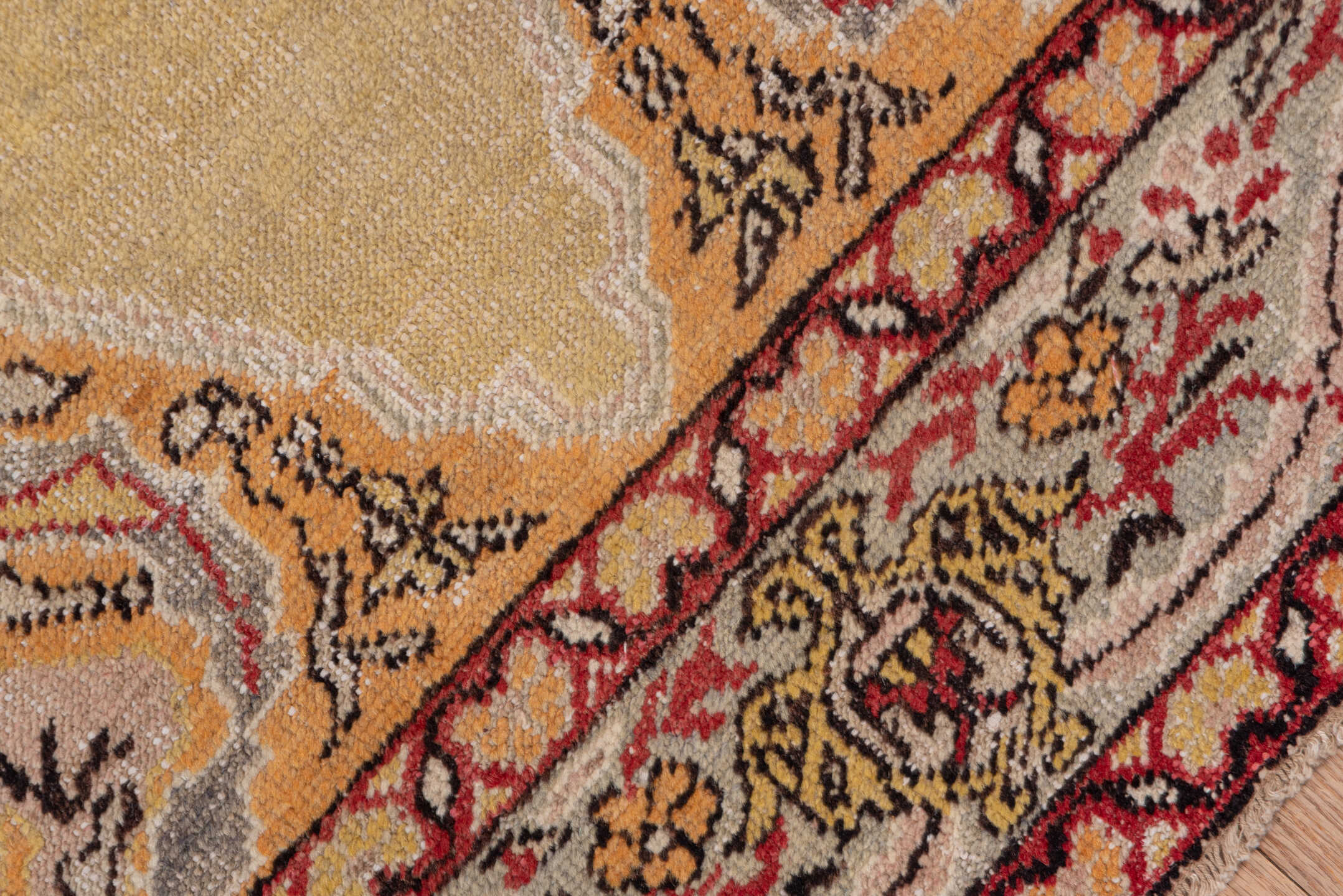 4' x 5' one-of-a-kind handmade vintage Oushak small size rug. Color palette: gold, ivory, rust, camel, charcoal, rose