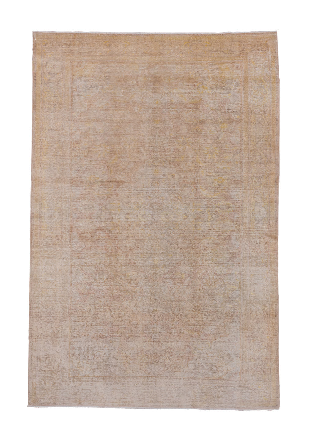 6' x 9' one-of-a-kind handmade vintage Kaisary medium size rug. Color palette: beige, blush, ivory, pale gold, taupe, pink
