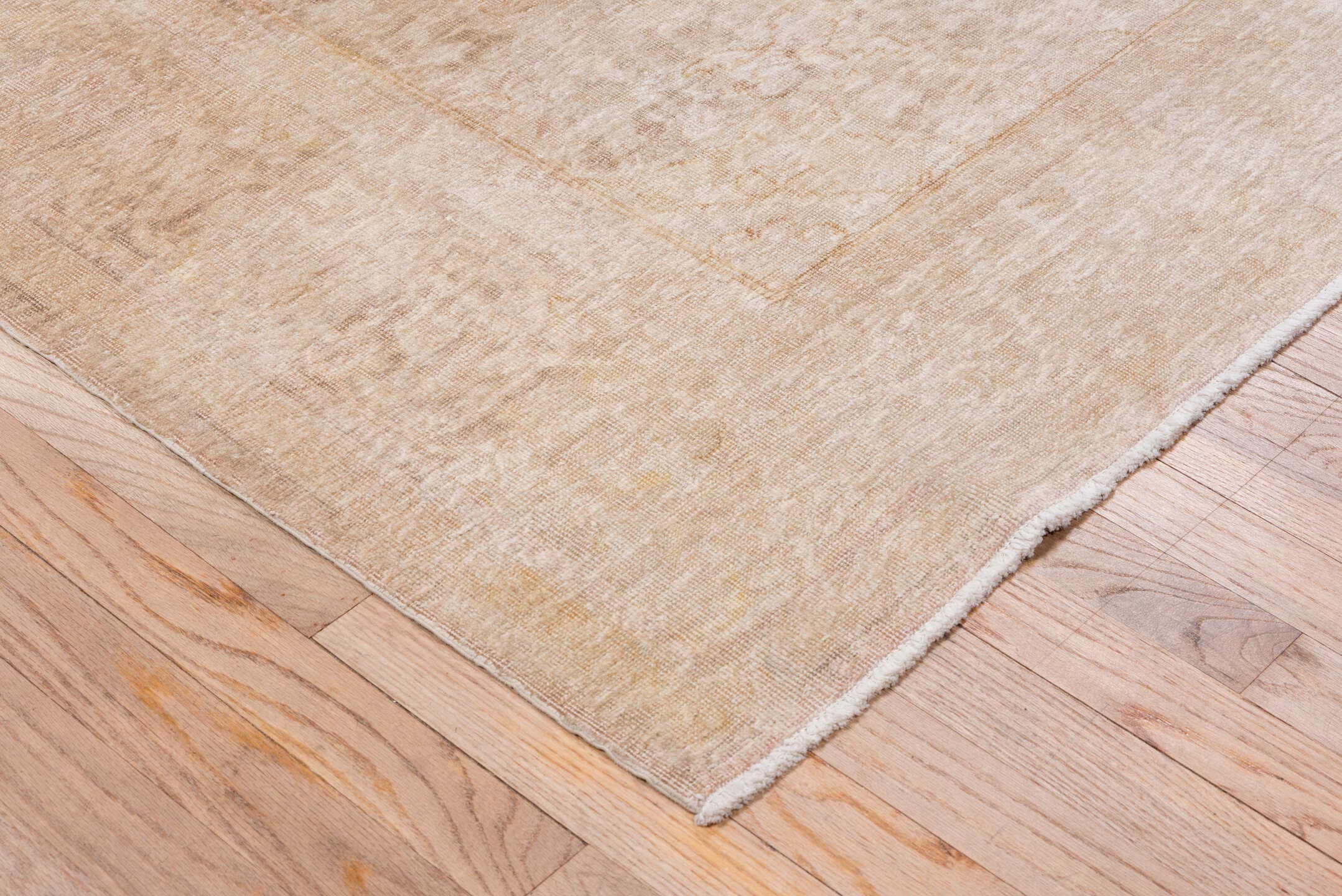 6' x 9' one-of-a-kind handmade vintage Kaisary medium size rug. Color palette: beige, blush, ivory, pale gold, taupe, pink