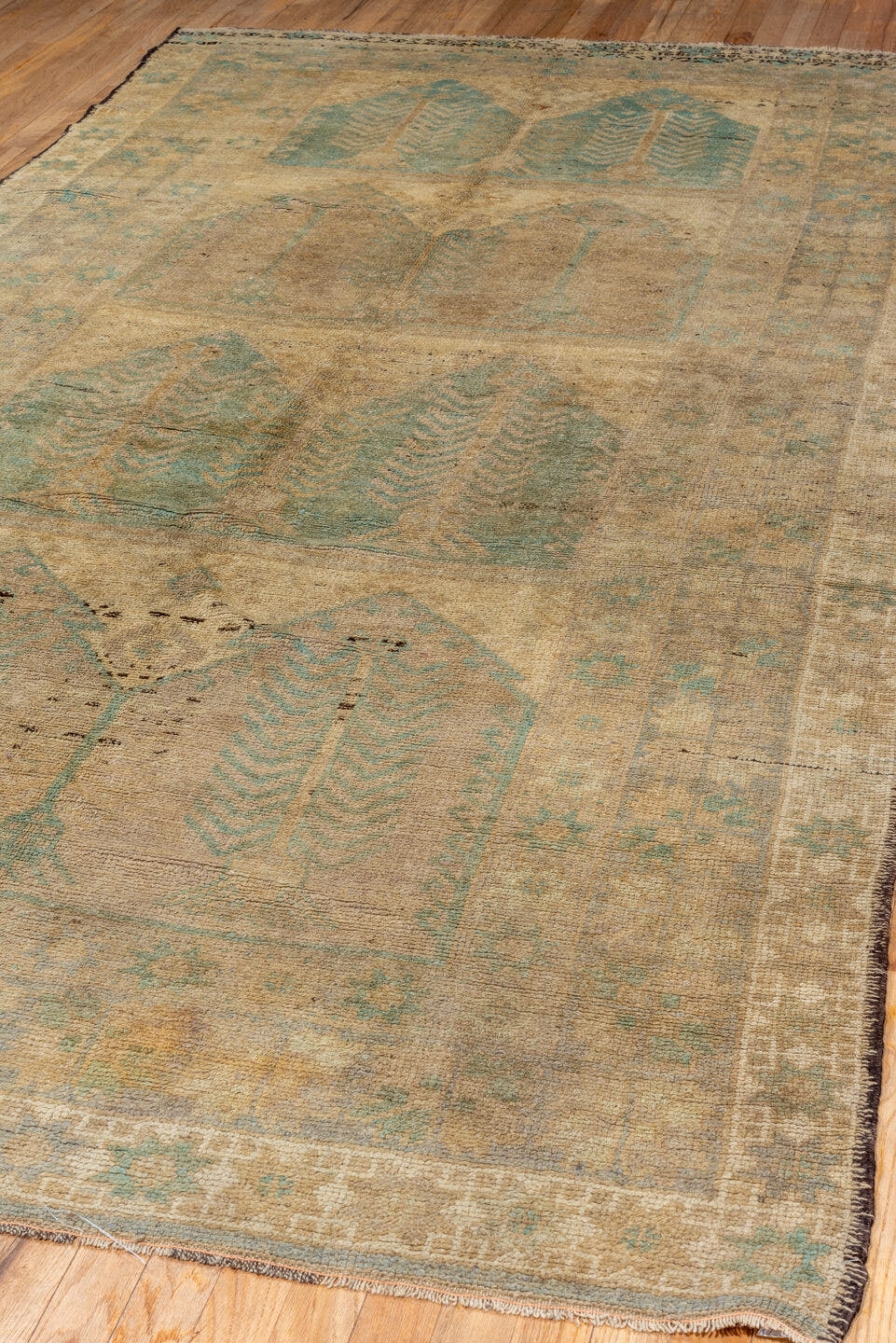 5' x 11' one-of-a-kind handmade vintage Oushak rug. Color palette: beige, ivory, pale blue, taupe, camel, charcoal