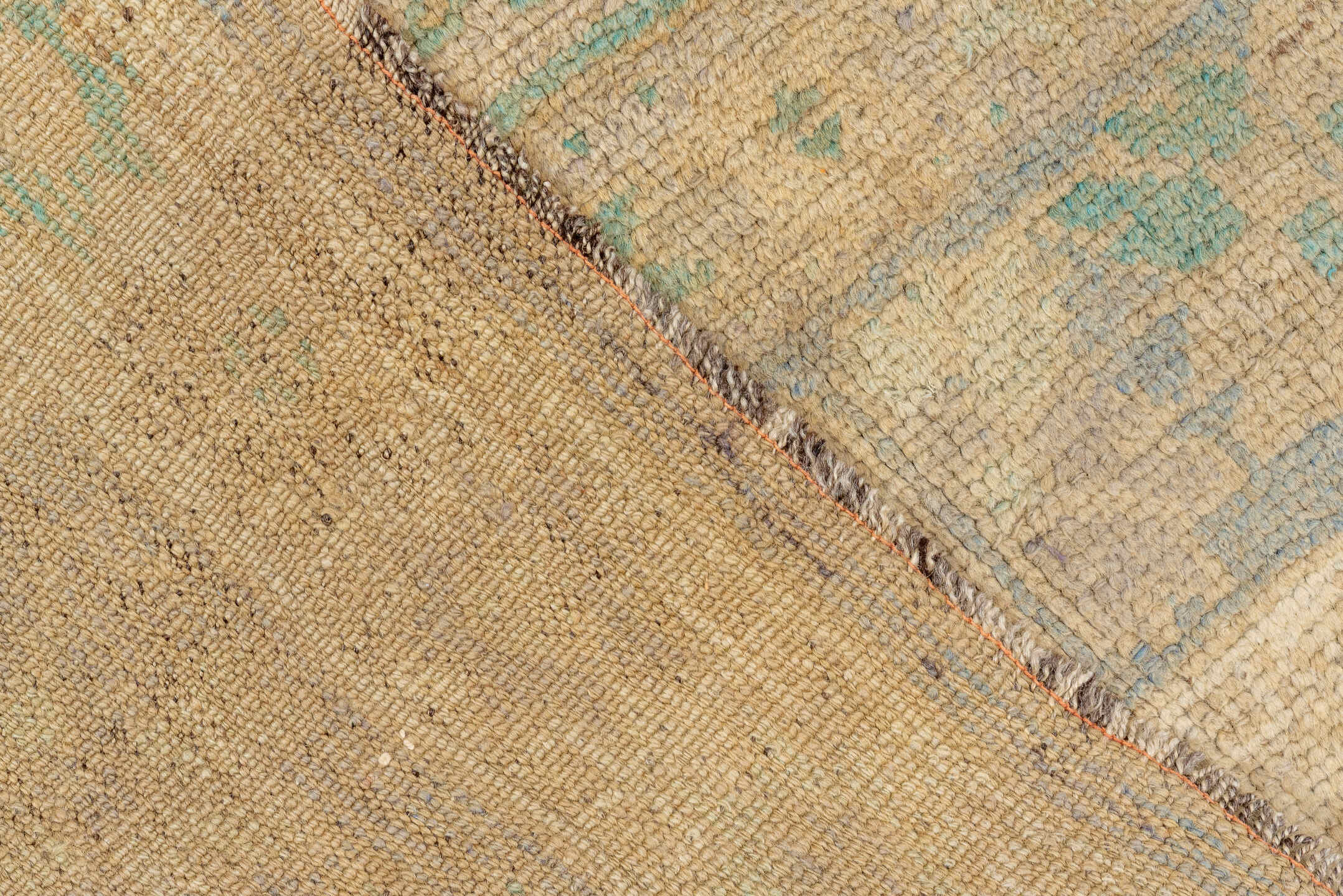 5' x 11' one-of-a-kind handmade vintage Oushak rug. Color palette: beige, ivory, pale blue, taupe, camel, charcoal
