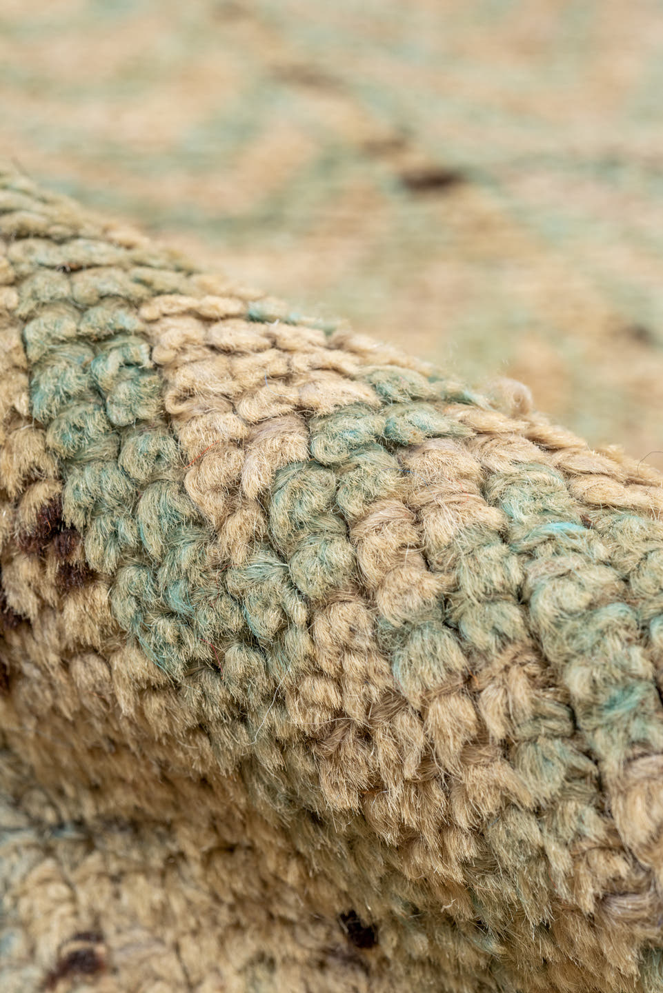 5' x 11' one-of-a-kind handmade vintage Oushak rug. Color palette: beige, ivory, pale blue, taupe, camel, charcoal