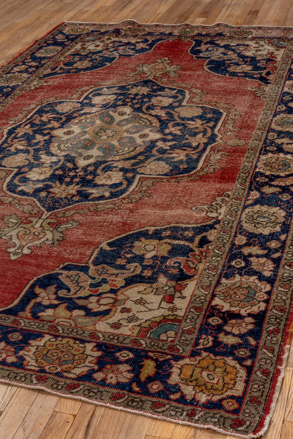 5' x 9' one-of-a-kind handmade antique Oushak medium size rug. Color palette: terra cotta, navy, ivory, beige, slate, rust