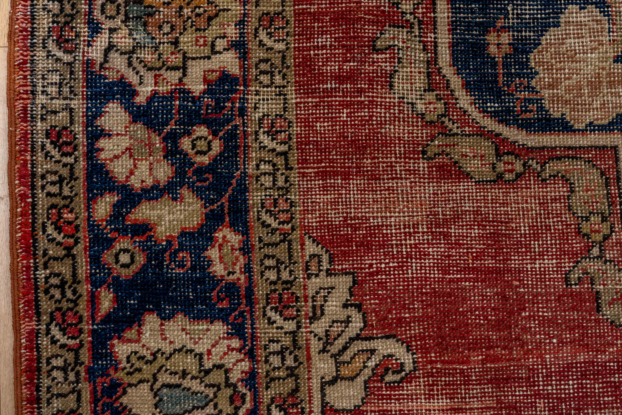 5' x 9' one-of-a-kind handmade vintage Oushak medium size rug. Color palette: blue, brown, gray, pink, red