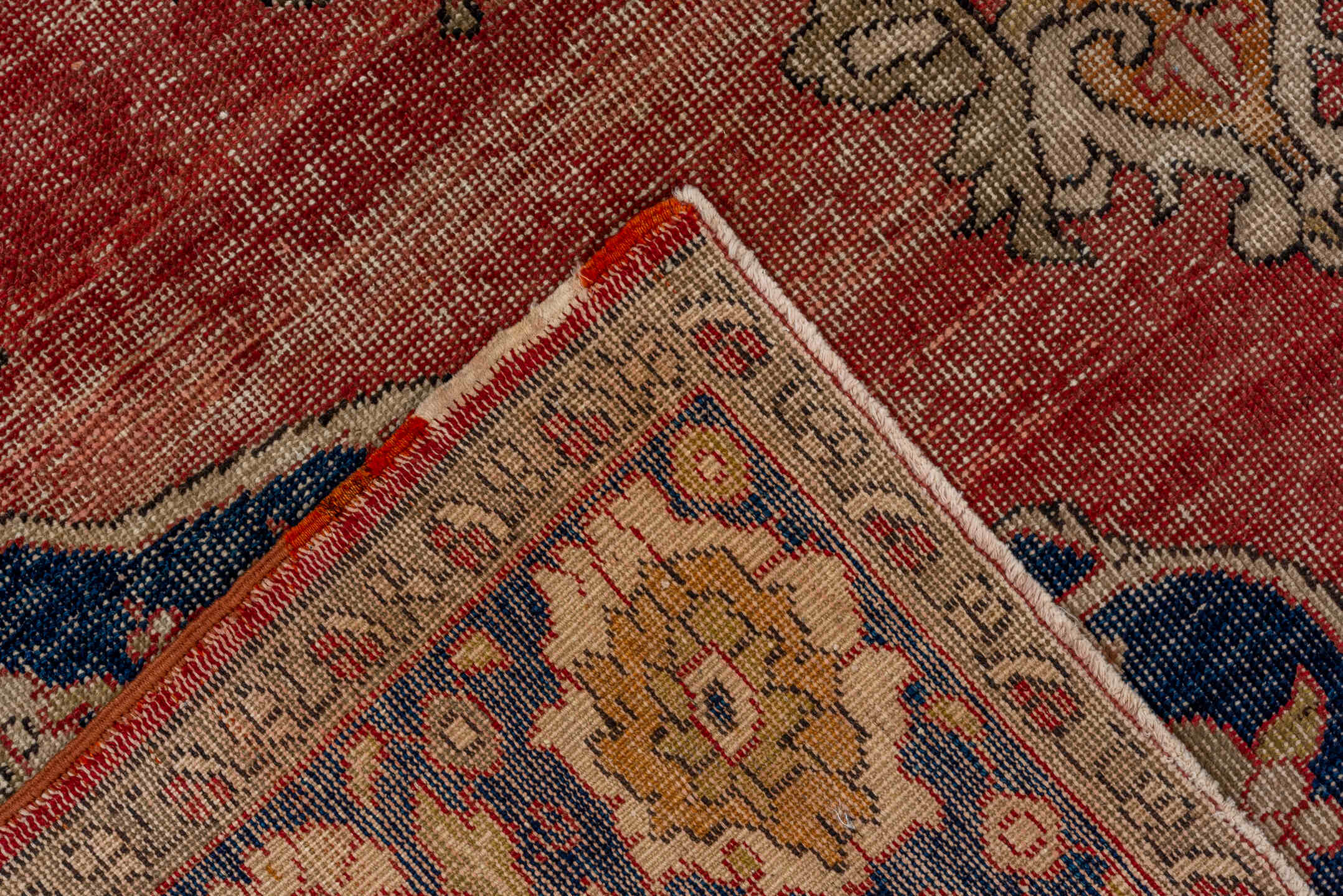 5' x 9' one-of-a-kind handmade vintage Oushak medium size rug. Color palette: blue, brown, gray, pink, red