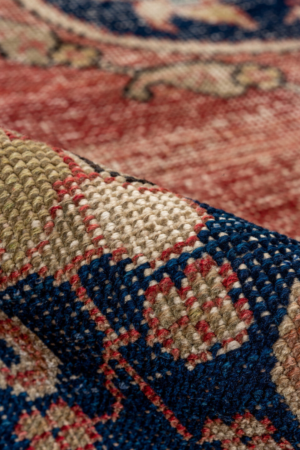 5' x 9' one-of-a-kind handmade vintage Oushak medium size rug. Color palette: blue, brown, gray, pink, red