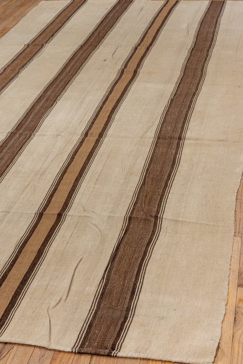 5' x 11' one-of-a-kind handmade vintage Kilim rug. Color palette: ivory, taupe, brown, camel, charcoal, beige, gray, black