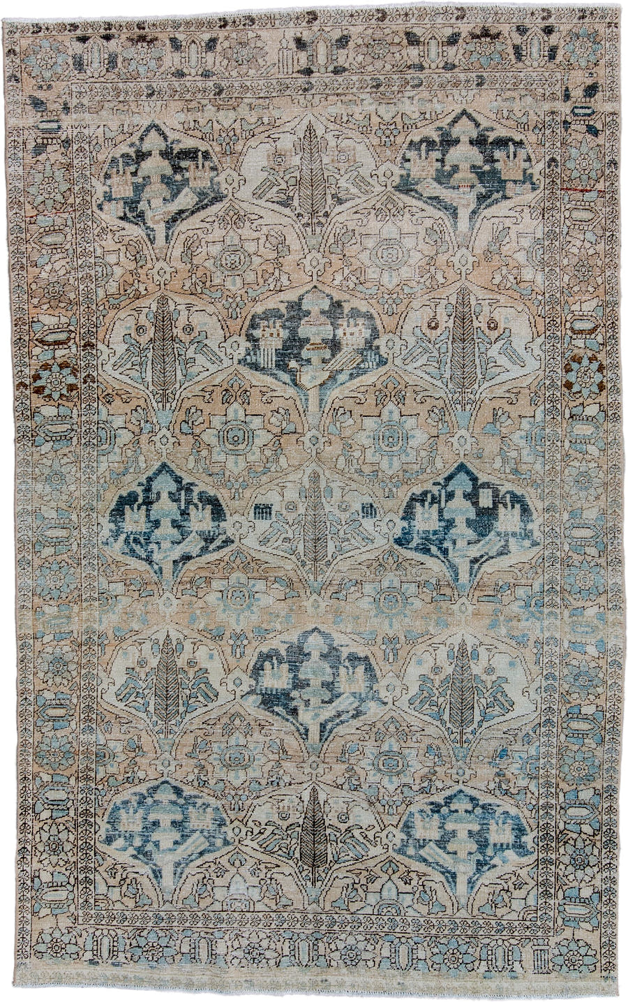 5' x 8' one-of-a-kind handmade vintage Baktiary medium size rug. Color palette: ivory, beige, powder_blue, slate, charcoal