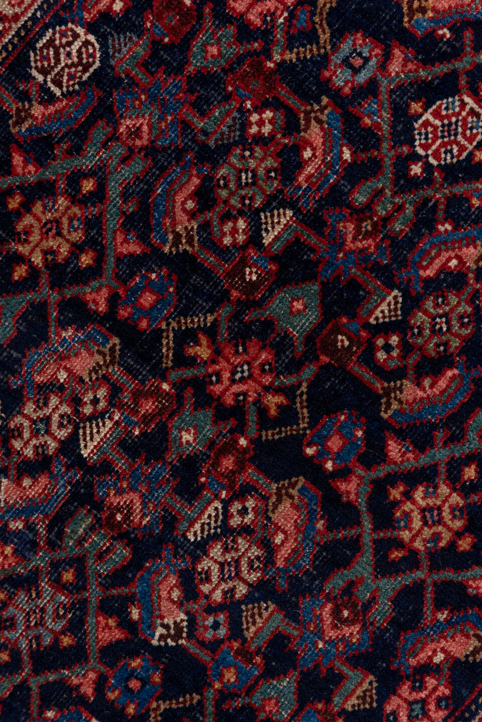 3' x 16' one-of-a-kind handmade antique Bidjar runner rug. Color palette: navy, rust, crimson, ivory, indigo, rose, camel