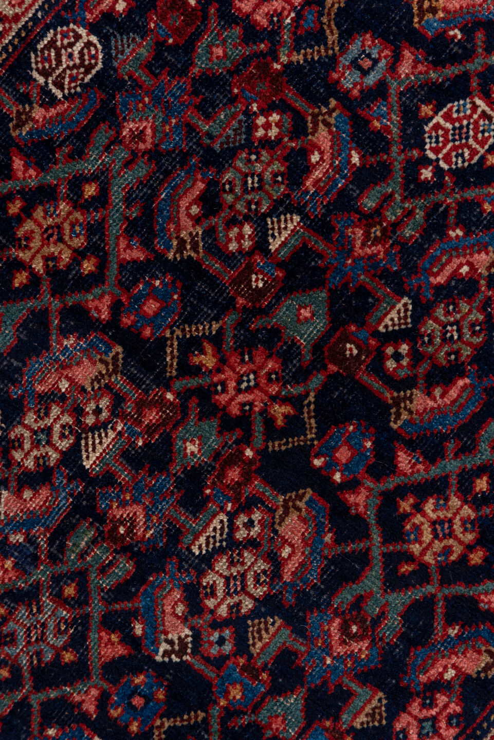 3' x 16' one-of-a-kind handmade vintage Bidjar runner rug. Color palette: blue, brown, gray, off-white, pink, red, redwood