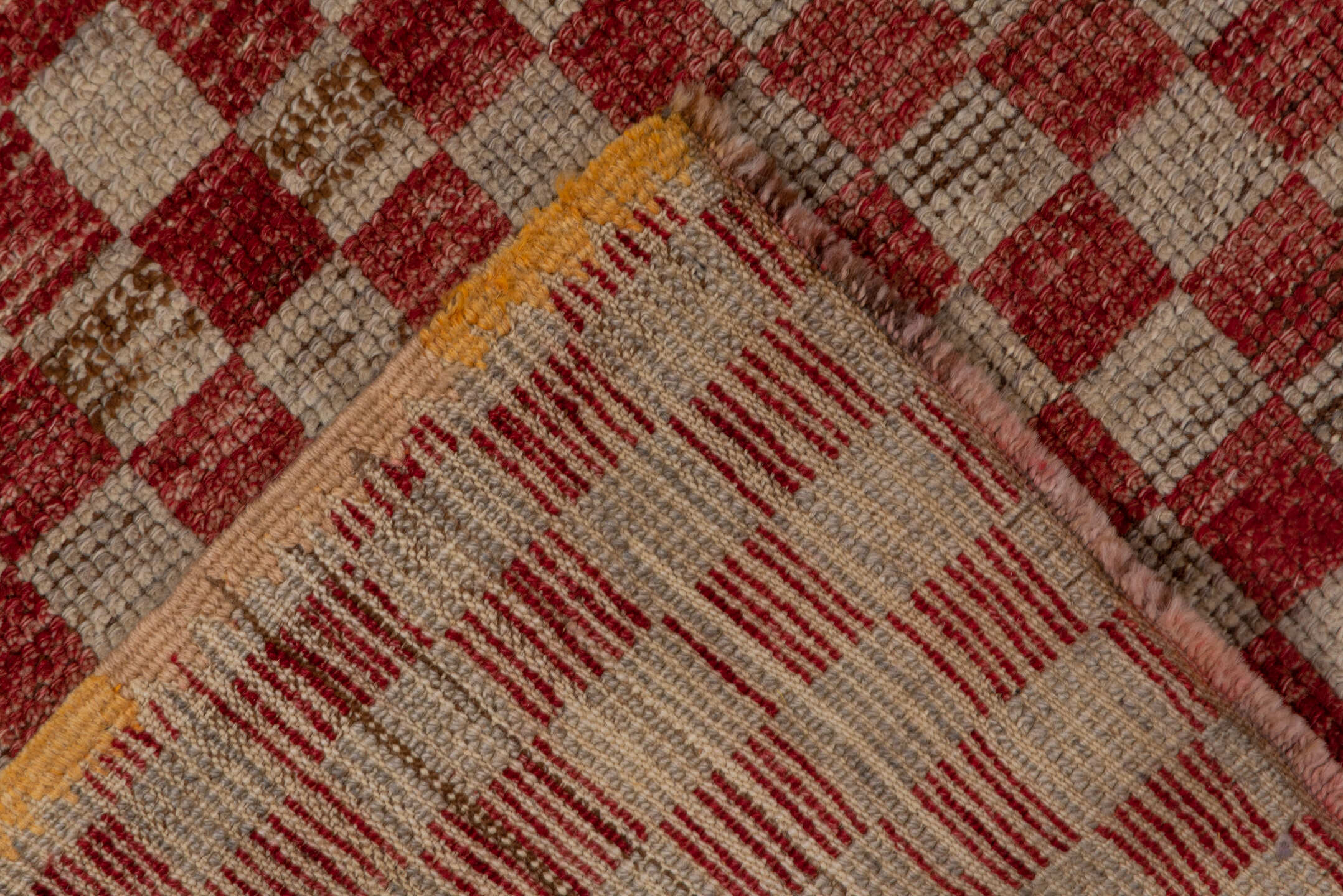 5' x 10' one-of-a-kind handmade vintage Tulu medium size rug. Color palette: brown, gray, light gray, pink, red