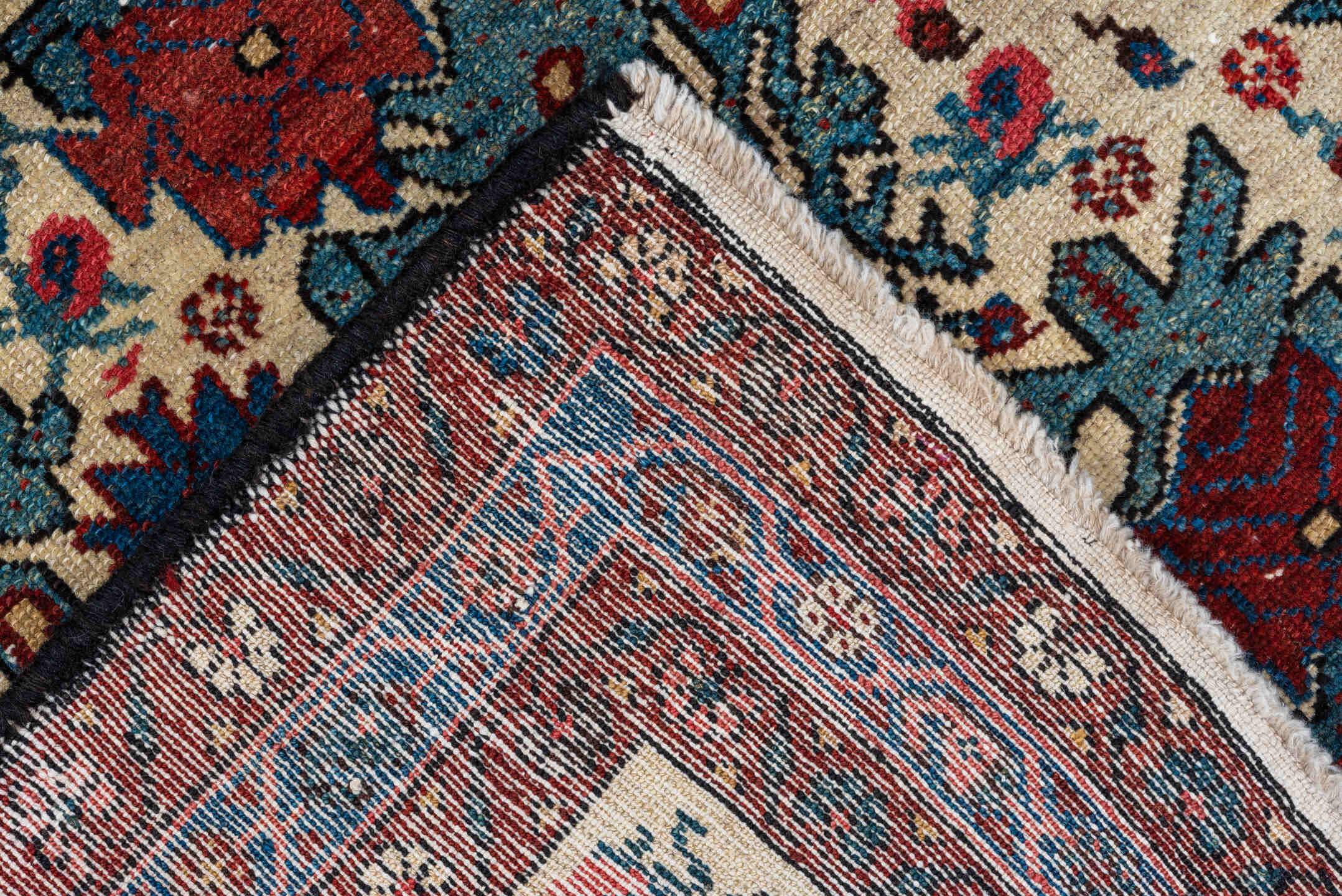 3' x 4' one-of-a-kind handmade vintage Malayer small size rug. Color palette: arapawa, black, blue, brown, gray, off-white