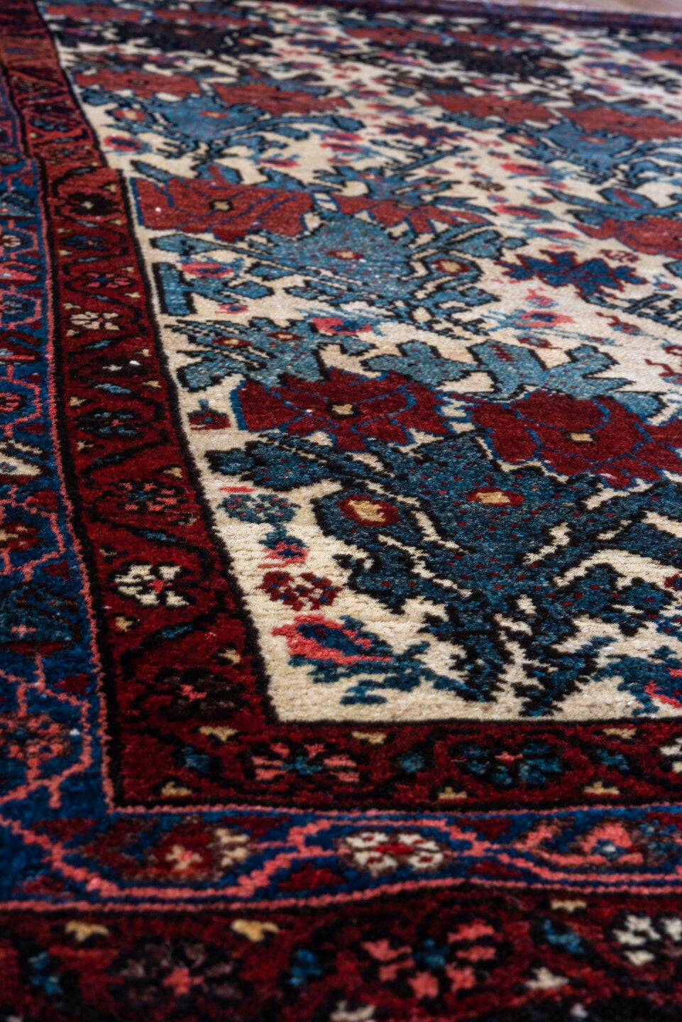 3' x 4' one-of-a-kind handmade vintage Malayer small size rug. Color palette: arapawa, black, blue, brown, gray, off-white