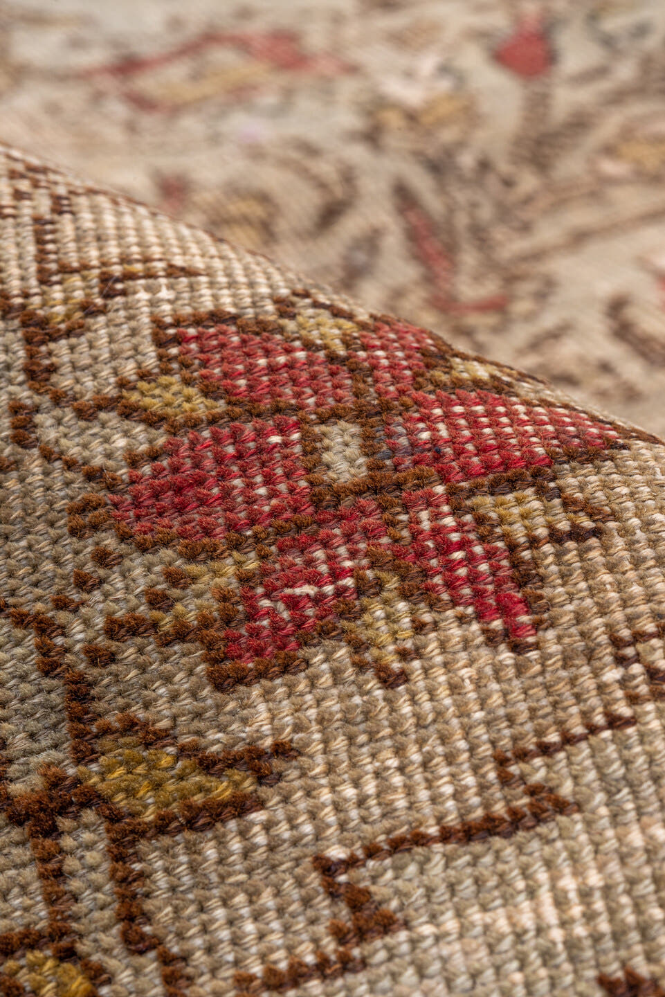 3' x 5' one-of-a-kind handmade vintage Kaisary small size rug. Color palette: beige, ivory, taupe, rose, rust, brown, gray