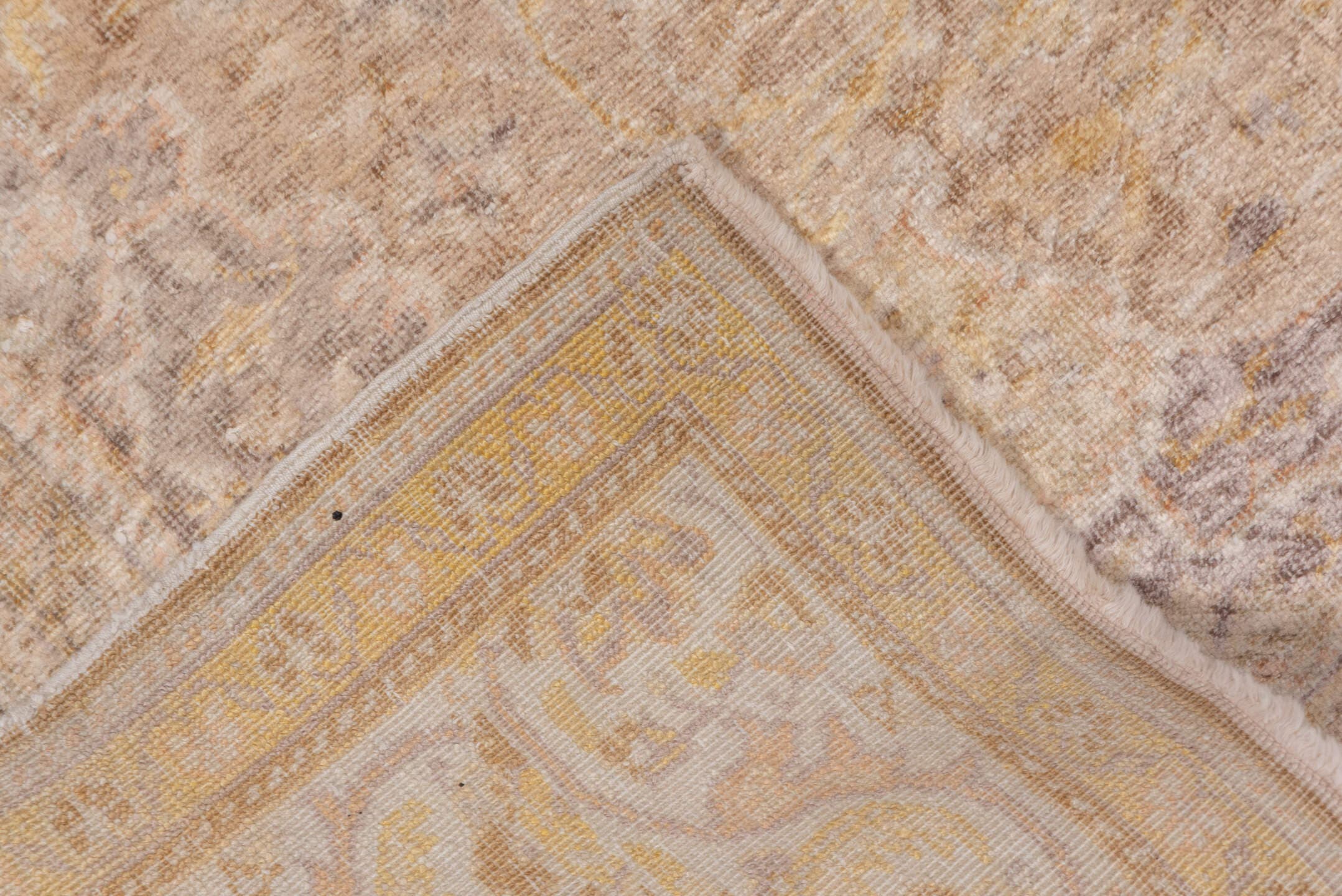3' x 5' one-of-a-kind handmade vintage Kaisary small size rug. Color palette: ivory, beige, taupe, camel, gold, sand