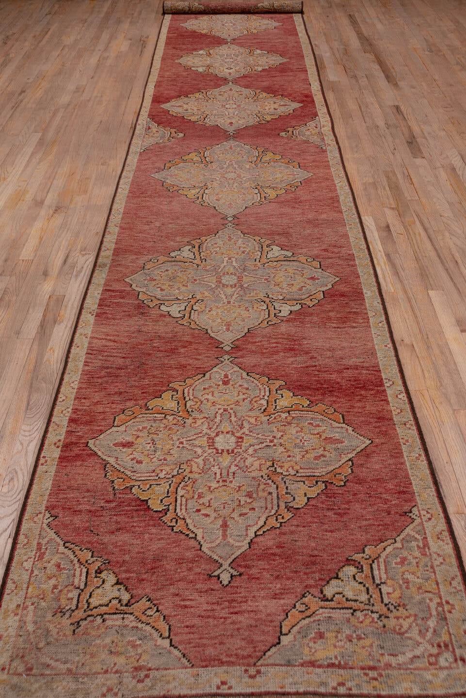 3' x 18' one-of-a-kind handmade vintage Oushak runner rug. Color palette: rose, ivory, taupe, terra cotta, sage, gold, brown