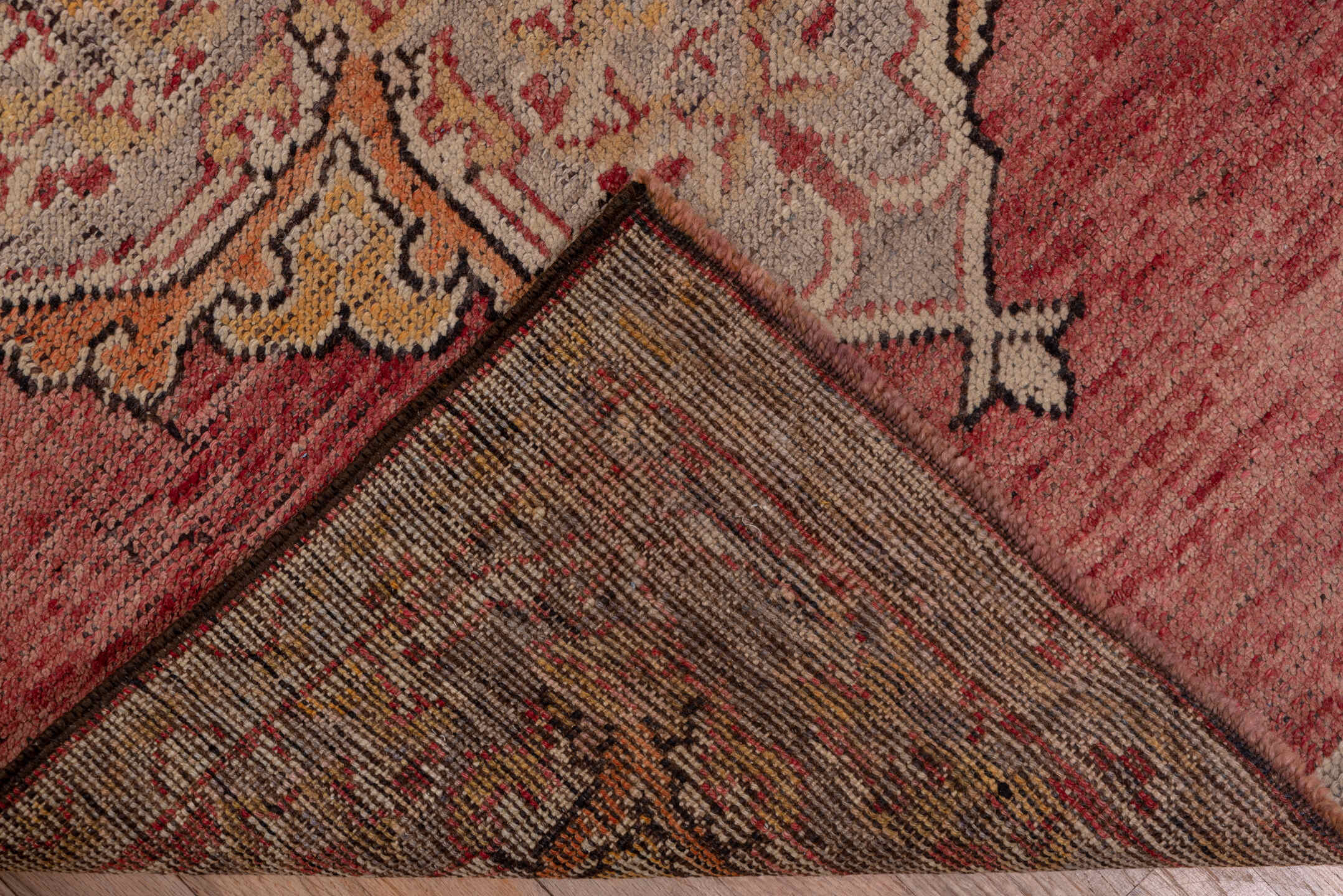 3' x 18' one-of-a-kind handmade vintage Oushak runner rug. Color palette: rose, ivory, taupe, terra cotta, sage, gold, brown