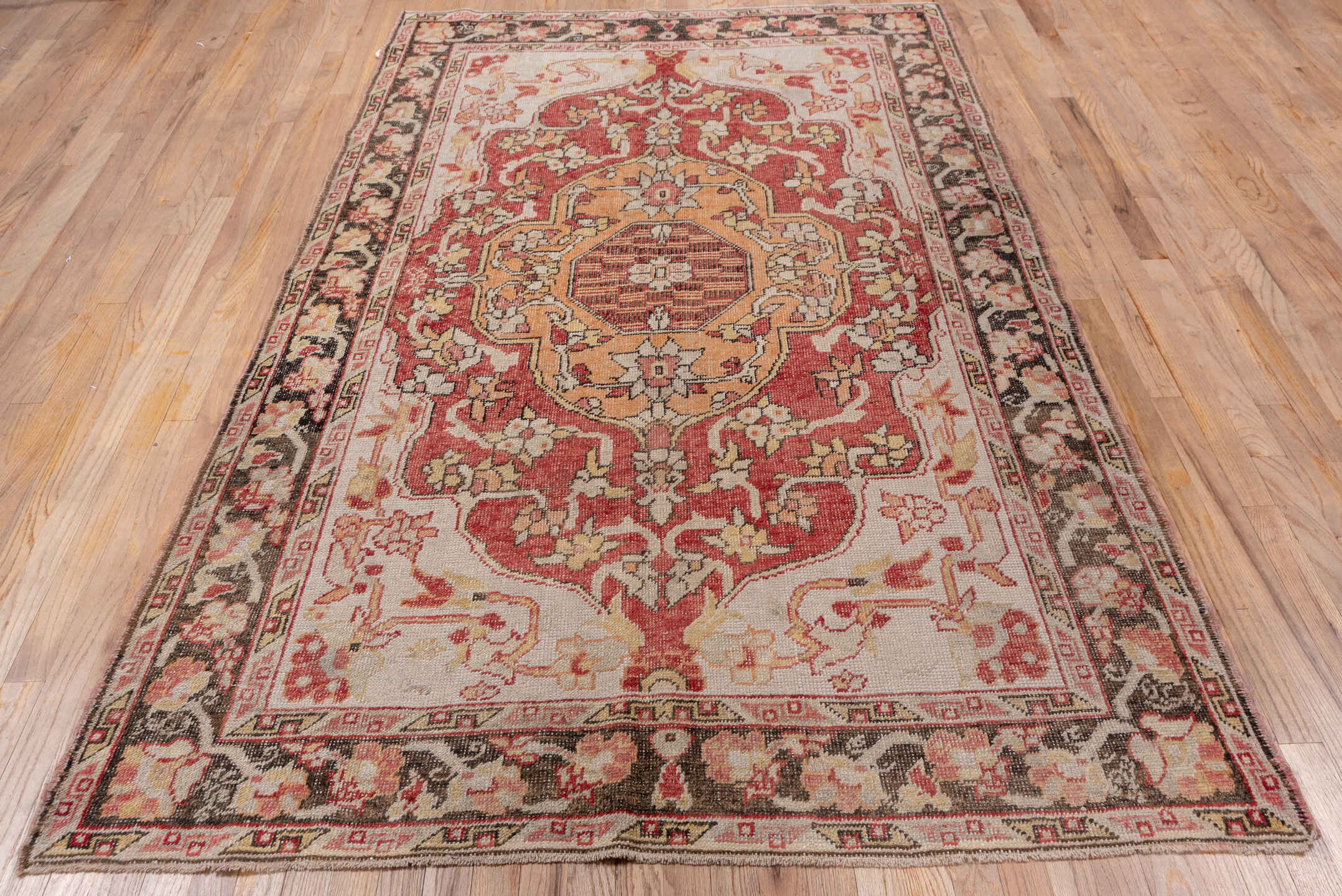 5' x 8' one-of-a-kind handmade vintage Oushak medium size rug. Color palette: ivory, rust, charcoal, blush, peach, taupe