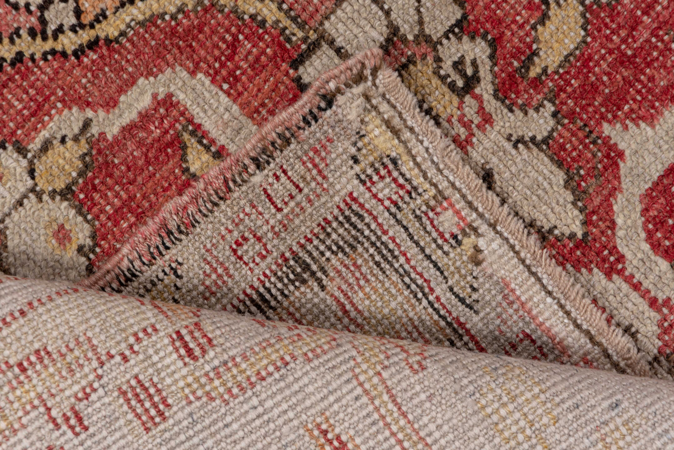 5' x 8' one-of-a-kind handmade vintage Oushak medium size rug. Color palette: ivory, rust, charcoal, blush, peach, taupe