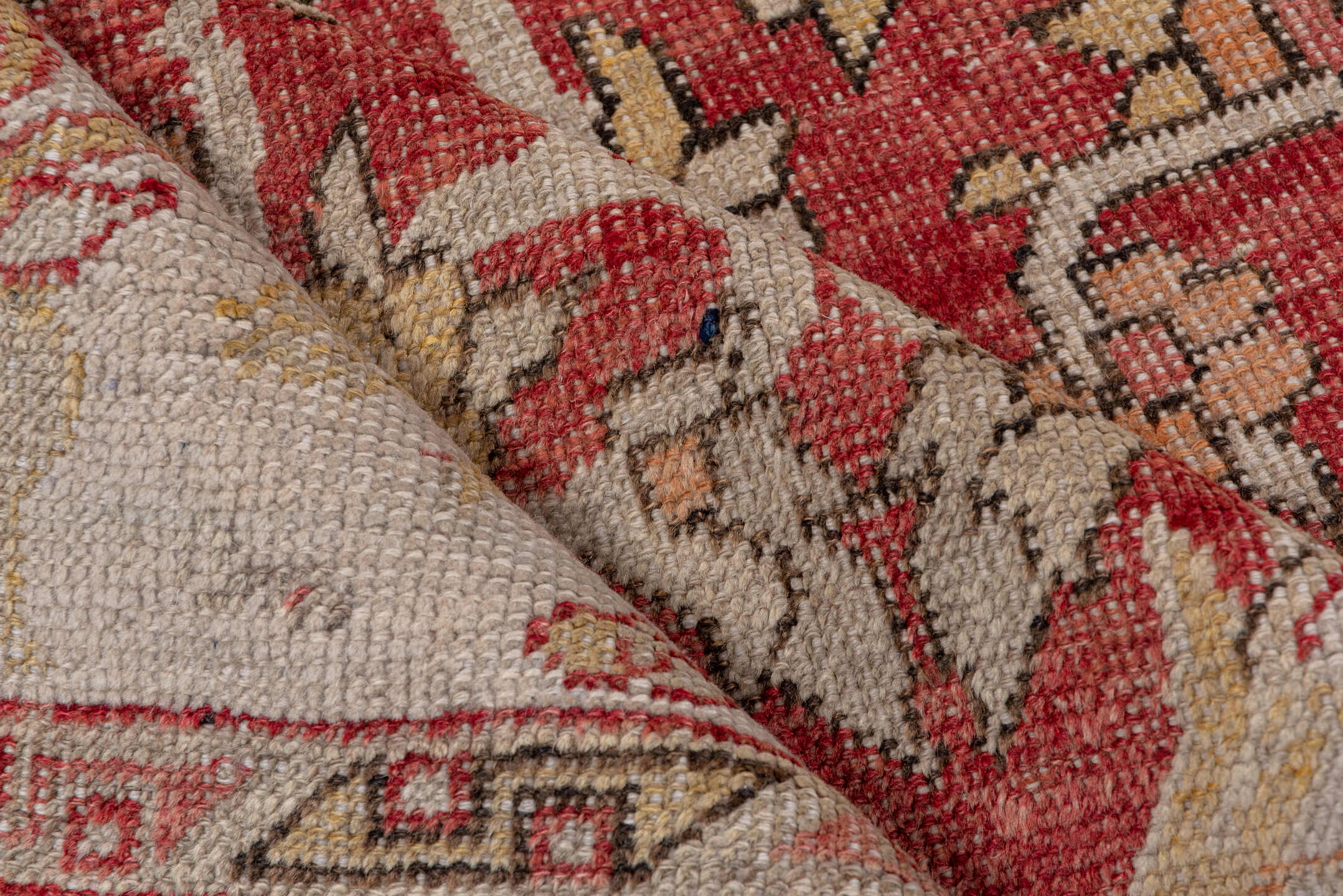 5' x 8' one-of-a-kind handmade vintage Oushak medium size rug. Color palette: ivory, rust, charcoal, blush, peach, taupe