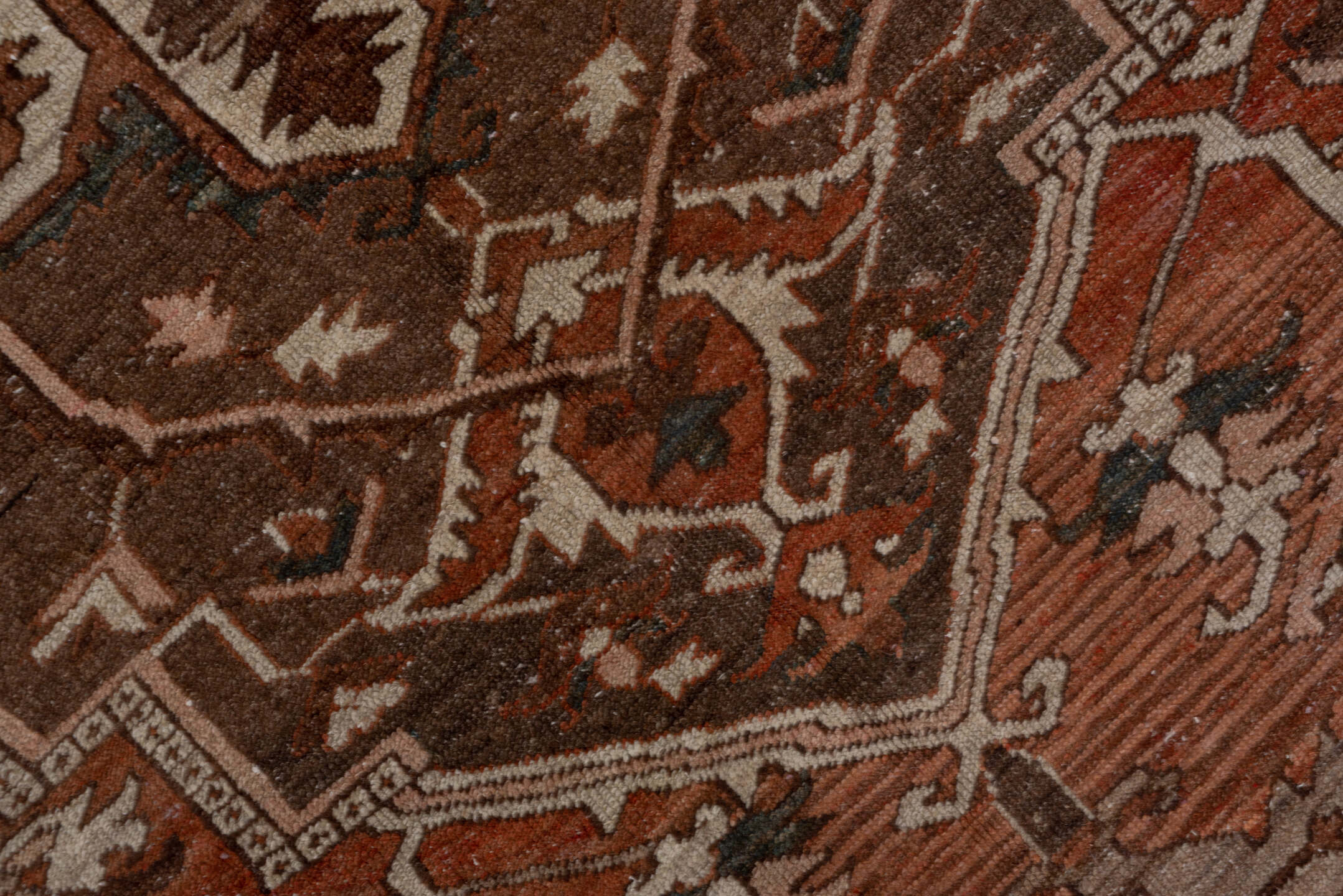 9' x 11' one-of-a-kind handmade vintage Serapi large size rug. Color palette: rust, brown, ivory, terra cotta, taupe