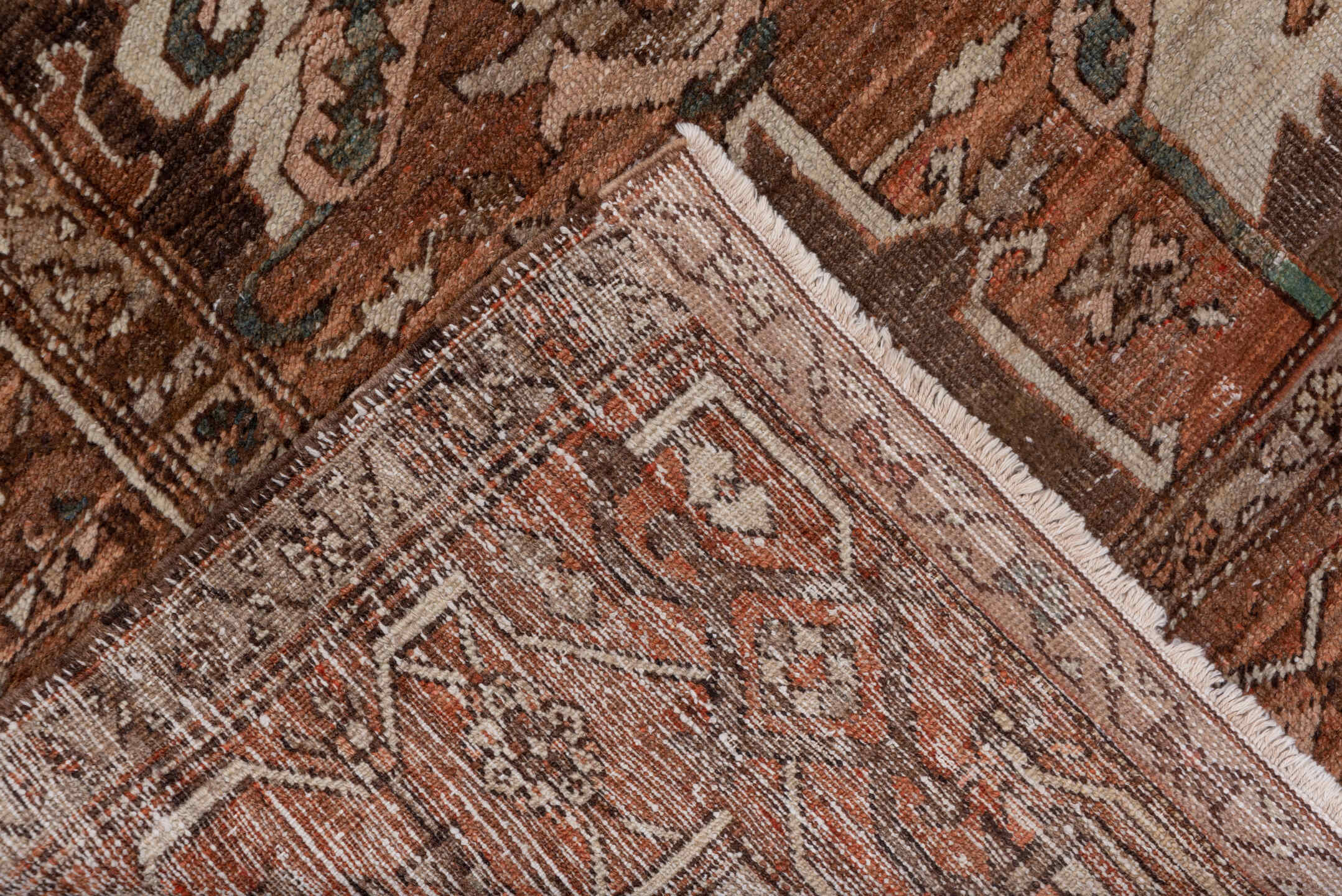 9' x 11' one-of-a-kind handmade vintage Serapi large size rug. Color palette: rust, brown, ivory, terra cotta, taupe