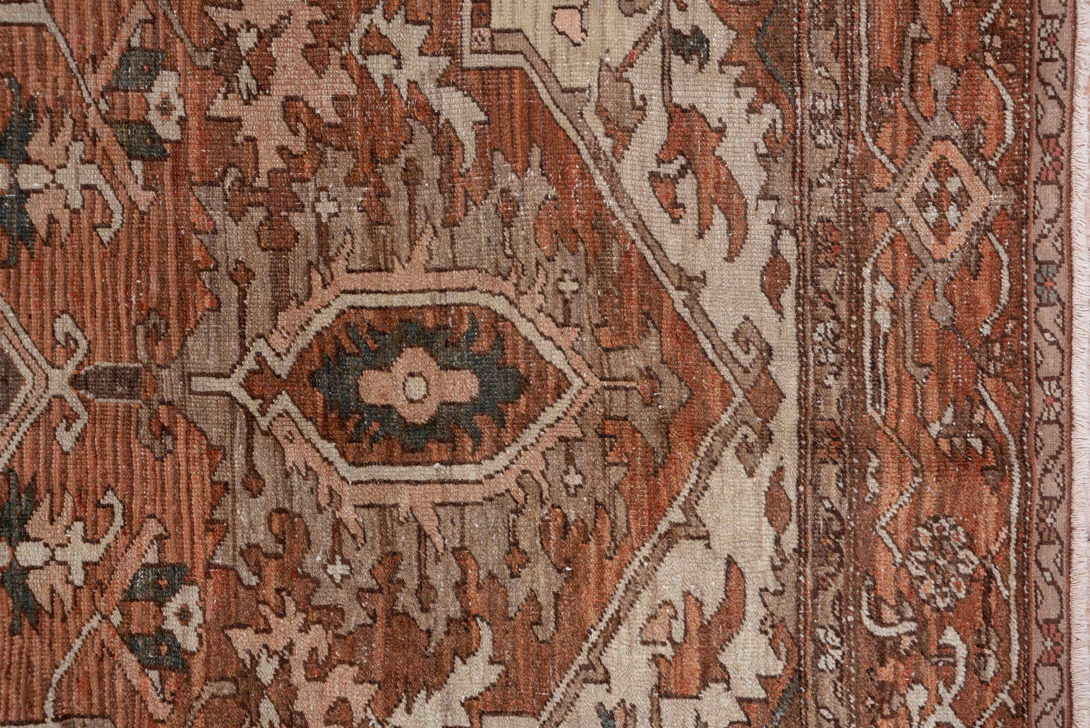 9' x 11' one-of-a-kind handmade vintage Serapi large size rug. Color palette: rust, brown, ivory, terra cotta, taupe