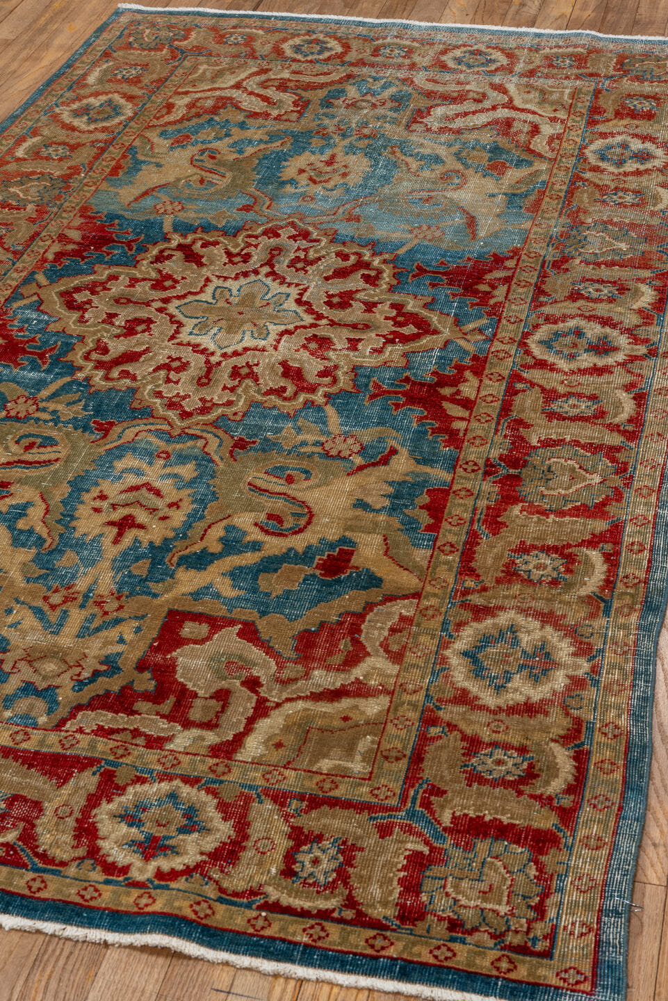 3' x 6' one-of-a-kind handmade antique Amritzar small size rug. Color palette: blue, ivory, rust, beige, red, camel, teal