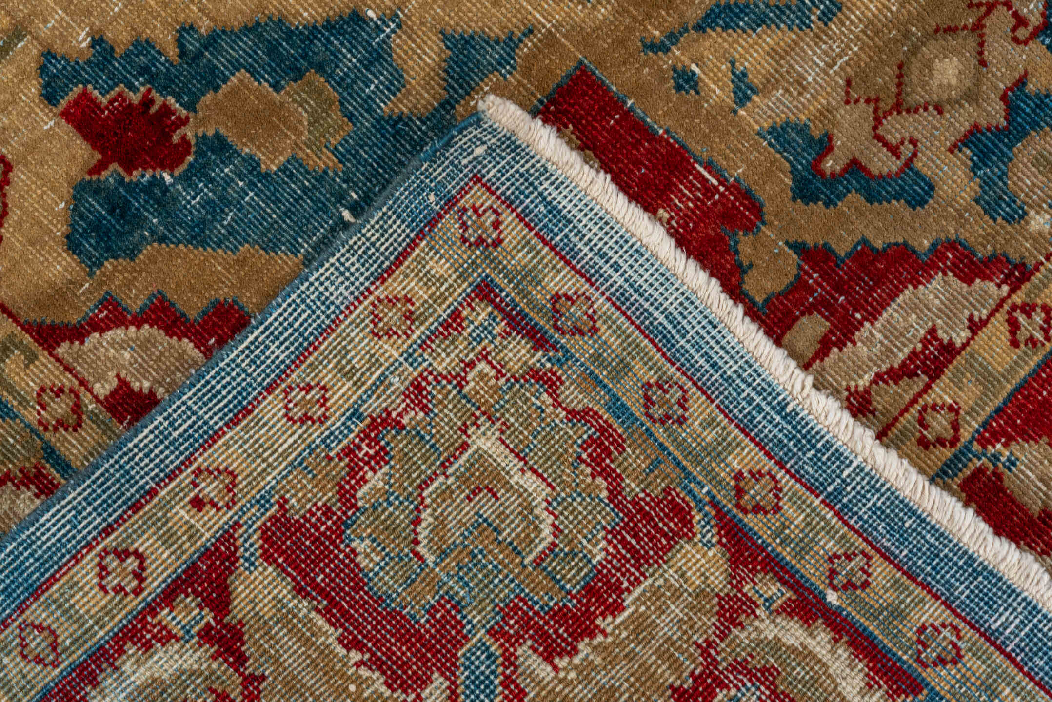 3' x 6' one-of-a-kind handmade antique Amritzar small size rug. Color palette: blue, ivory, rust, beige, red, camel, teal