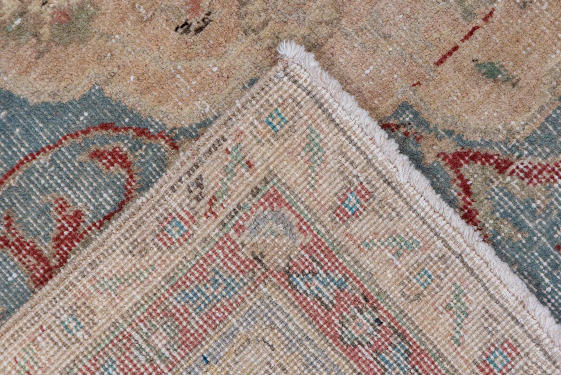 5' x 9' one-of-a-kind handmade vintage Oushak medium size rug. Color palette: blue, brown, gray, light gray, off-white