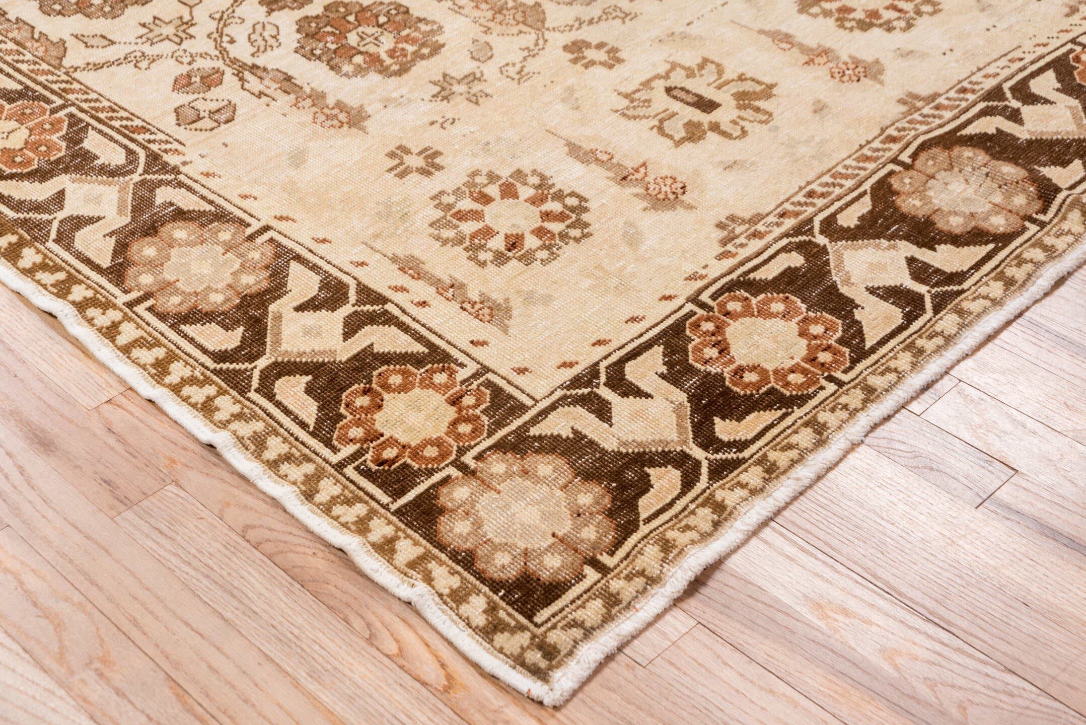 4' x 9' one-of-a-kind handmade vintage Oushak rug. Color palette: ivory, brown, taupe, rust, camel, beige, gray, terracotta