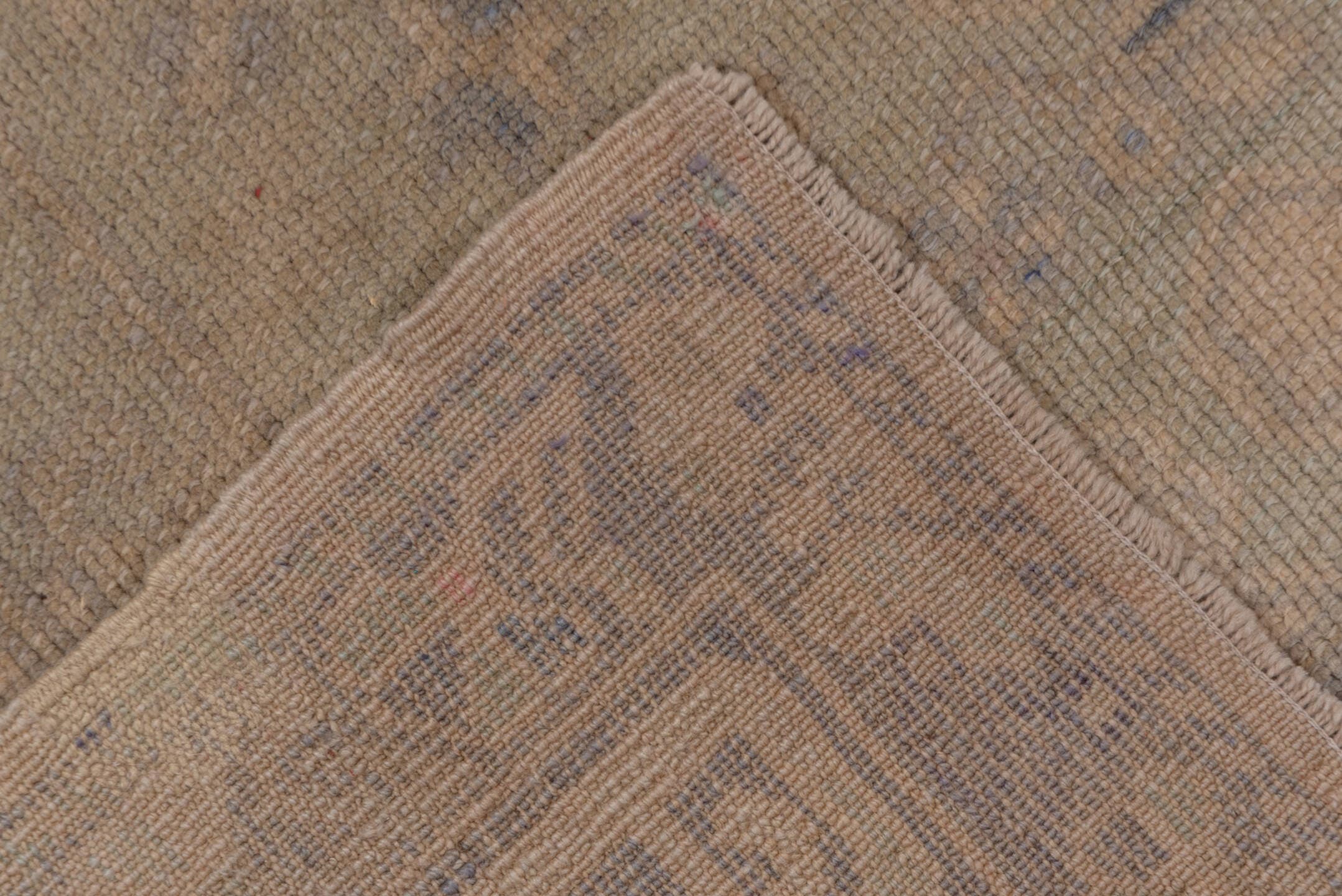 5' x 10' one-of-a-kind handmade vintage Oushak medium size rug. Color palette: beige, taupe, sage, dusty blue, camel, brown