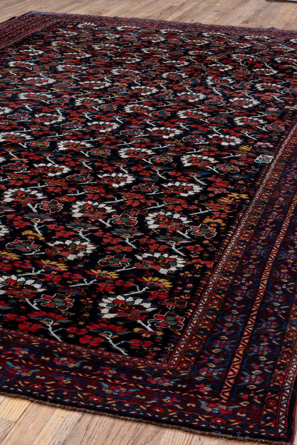 8' x 12' one-of-a-kind handmade antique Shiraz large size rug. Color palette: burgundy, ebony, crimson, ivory, indigo, rust