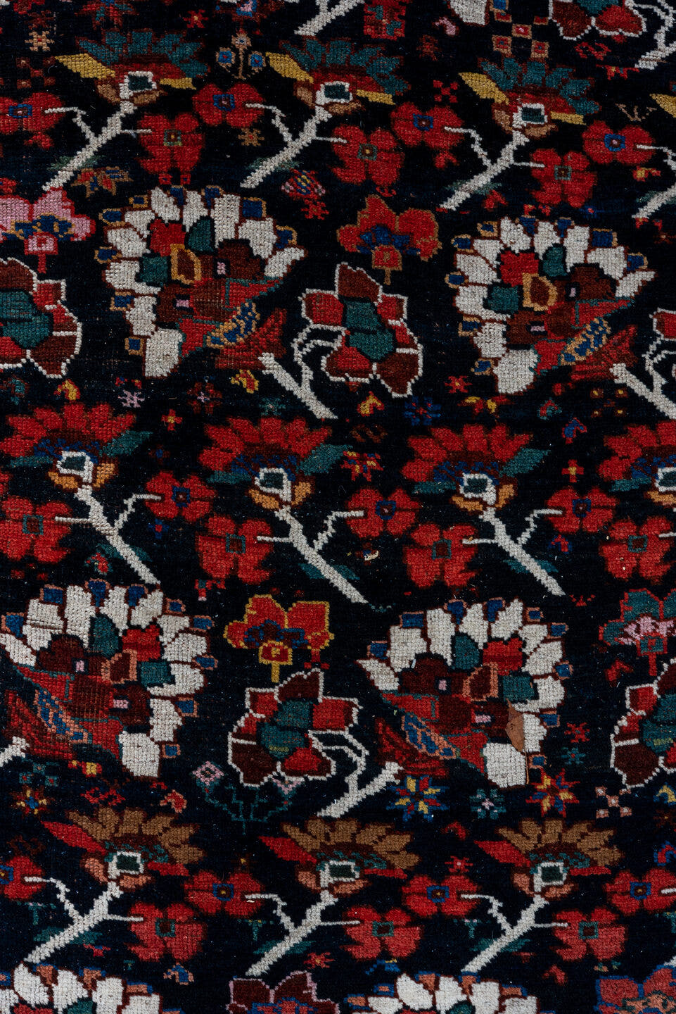 8' x 12' one-of-a-kind handmade antique Shiraz large size rug. Color palette: burgundy, ebony, crimson, ivory, indigo, rust