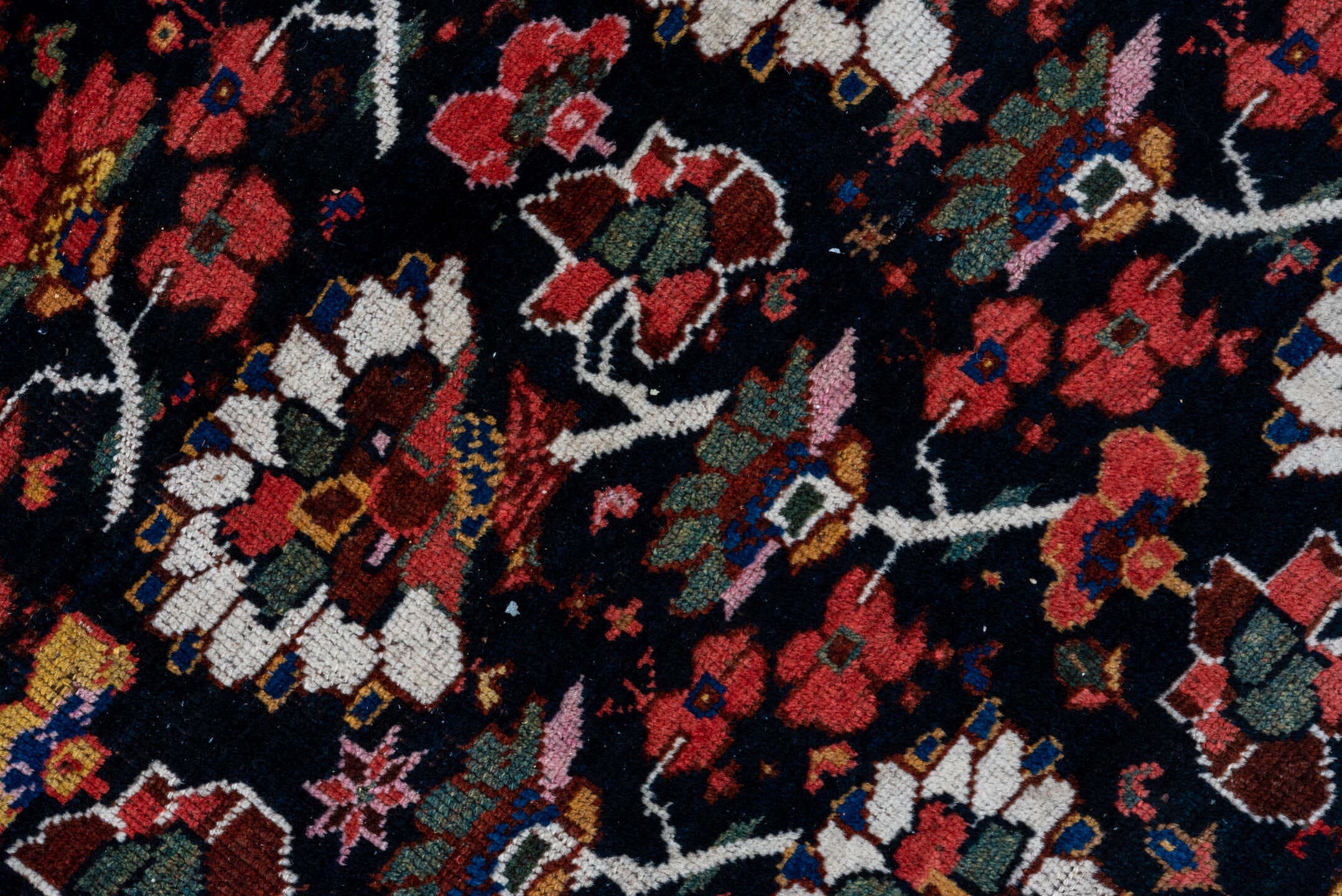 8' x 12' one-of-a-kind handmade antique Shiraz large size rug. Color palette: burgundy, ebony, crimson, ivory, indigo, rust