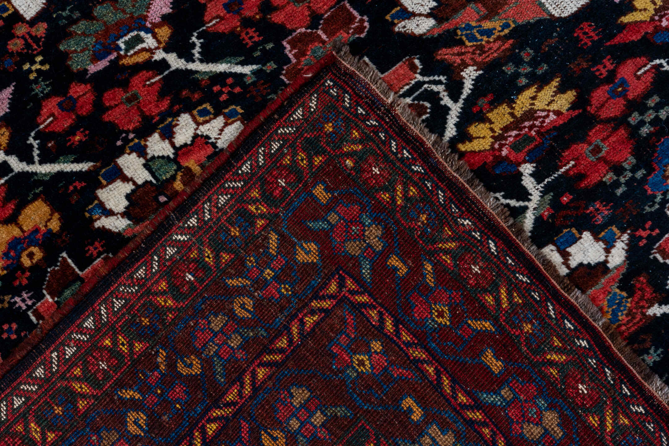 8' x 12' one-of-a-kind handmade antique Shiraz large size rug. Color palette: burgundy, ebony, crimson, ivory, indigo, rust