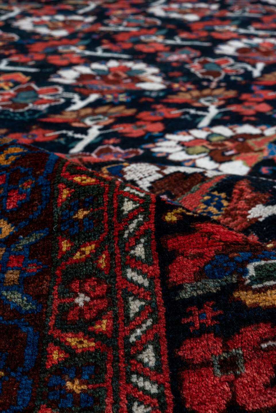 8' x 12' one-of-a-kind handmade antique Shiraz large size rug. Color palette: burgundy, ebony, crimson, ivory, indigo, rust